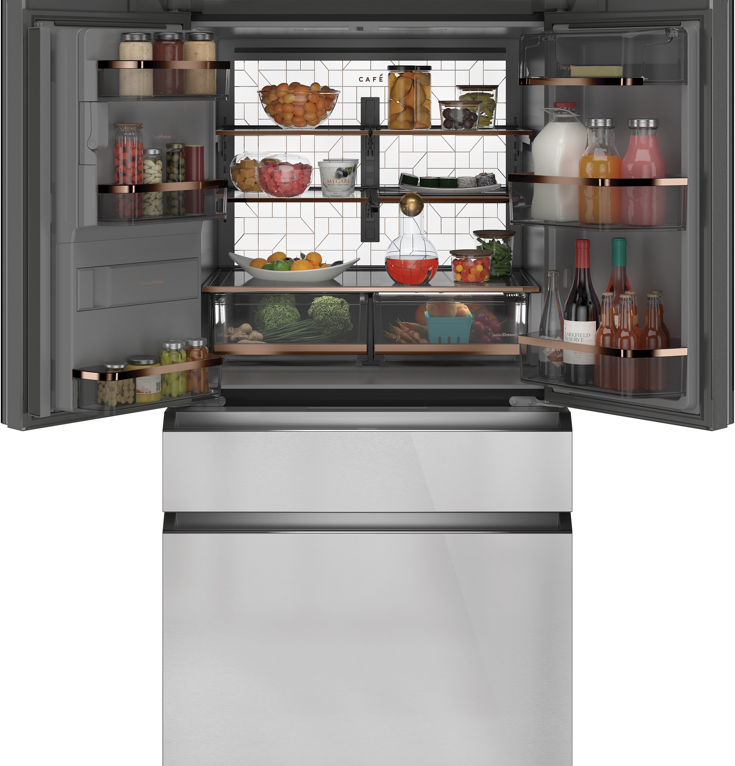 Refrigerador Francés de 4 puertas compatible con Smart, con dispensador de agua e hielo (vidrio platino) - Certificado ENERGY STAR de 27.8 pies cúbicos de profundidad estándar y moderno de vidrio.