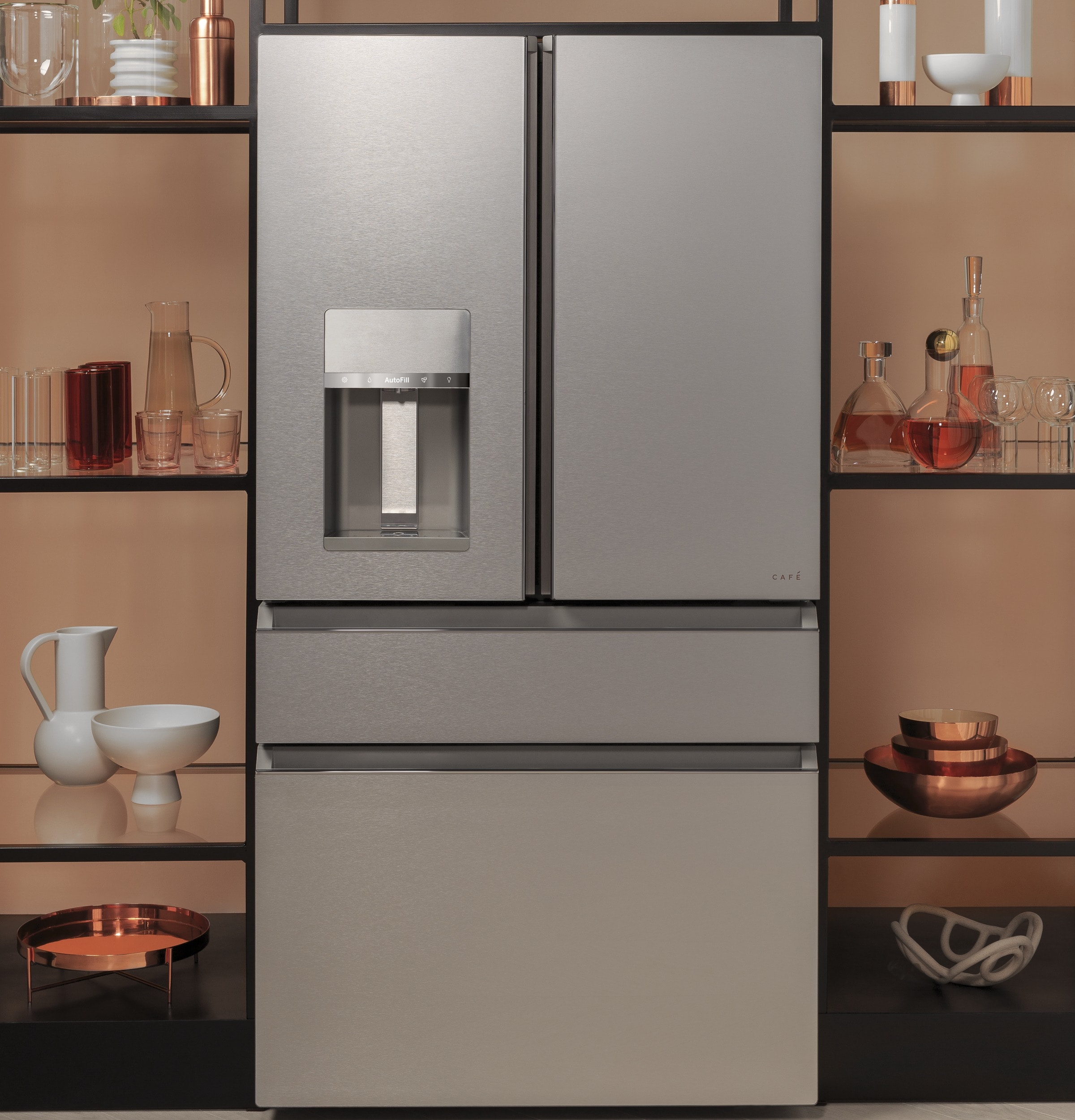 Refrigerador Francés de 4 puertas compatible con Smart, con dispensador de agua e hielo (vidrio platino) - Certificado ENERGY STAR de 27.8 pies cúbicos de profundidad estándar y moderno de vidrio.