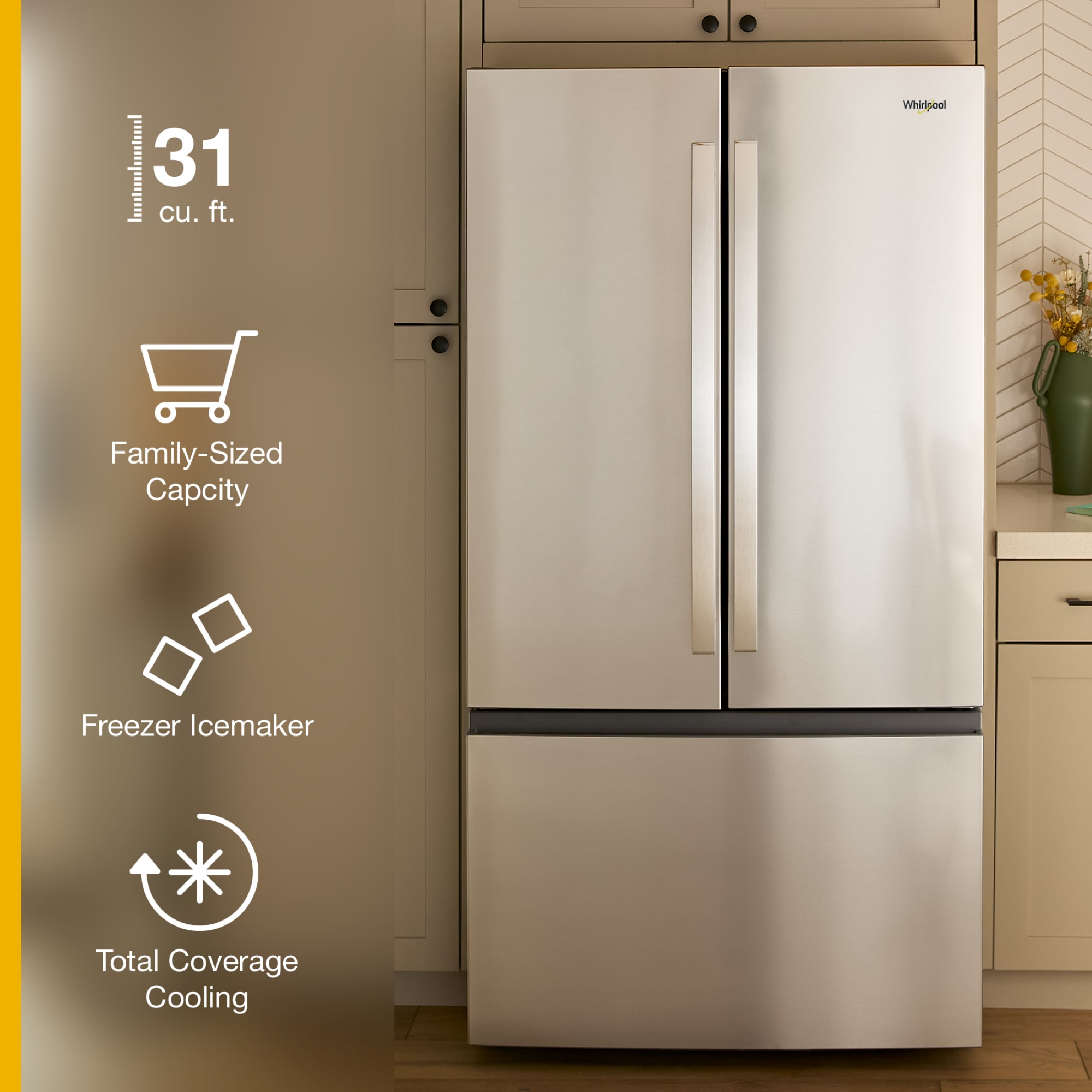 Refrigerador de Puertas Francesas Whirlpool de 30.53 pies cúbicos con Fabricador de Hielo (Acabado de Acero Inoxidable Resistente a Huellas Dactilares) CERTIFICADO ENERGY STAR WRFF3136SZ