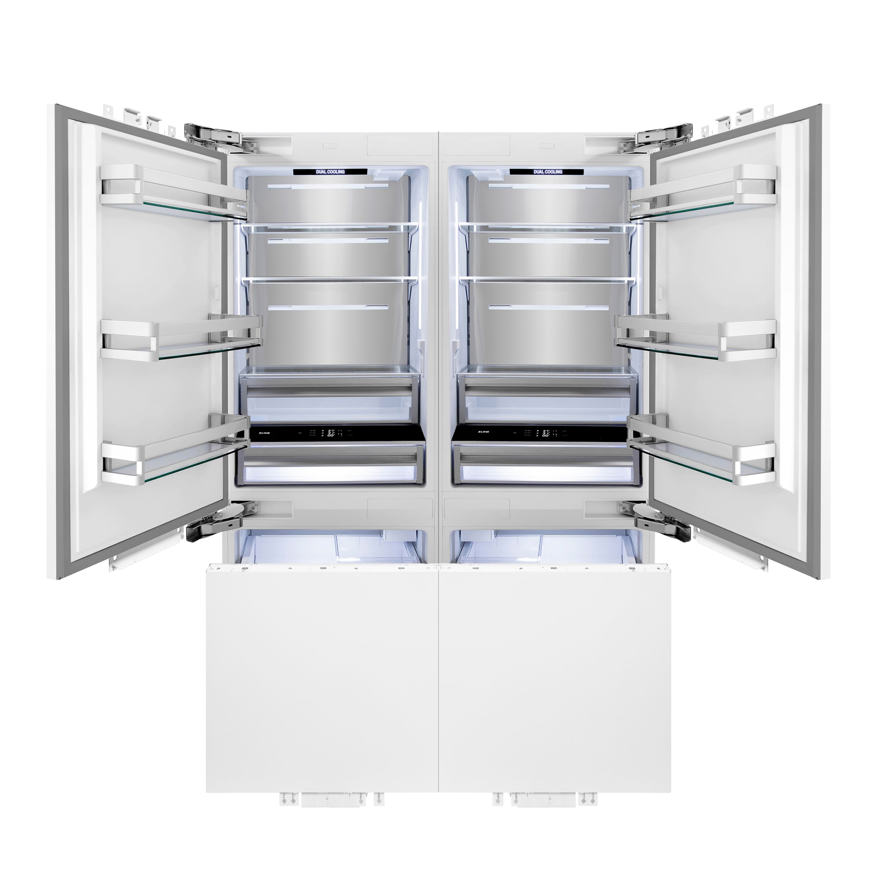 Refrigerador empotrado de puertas francesas con máquina de hielo y dispensador de agua y hielo, certificado ENERGY STAR, listo para panel. Profundidad de mostrador de 32.2 pies cúbicos de ZLINE KITCHEN & BATH.
