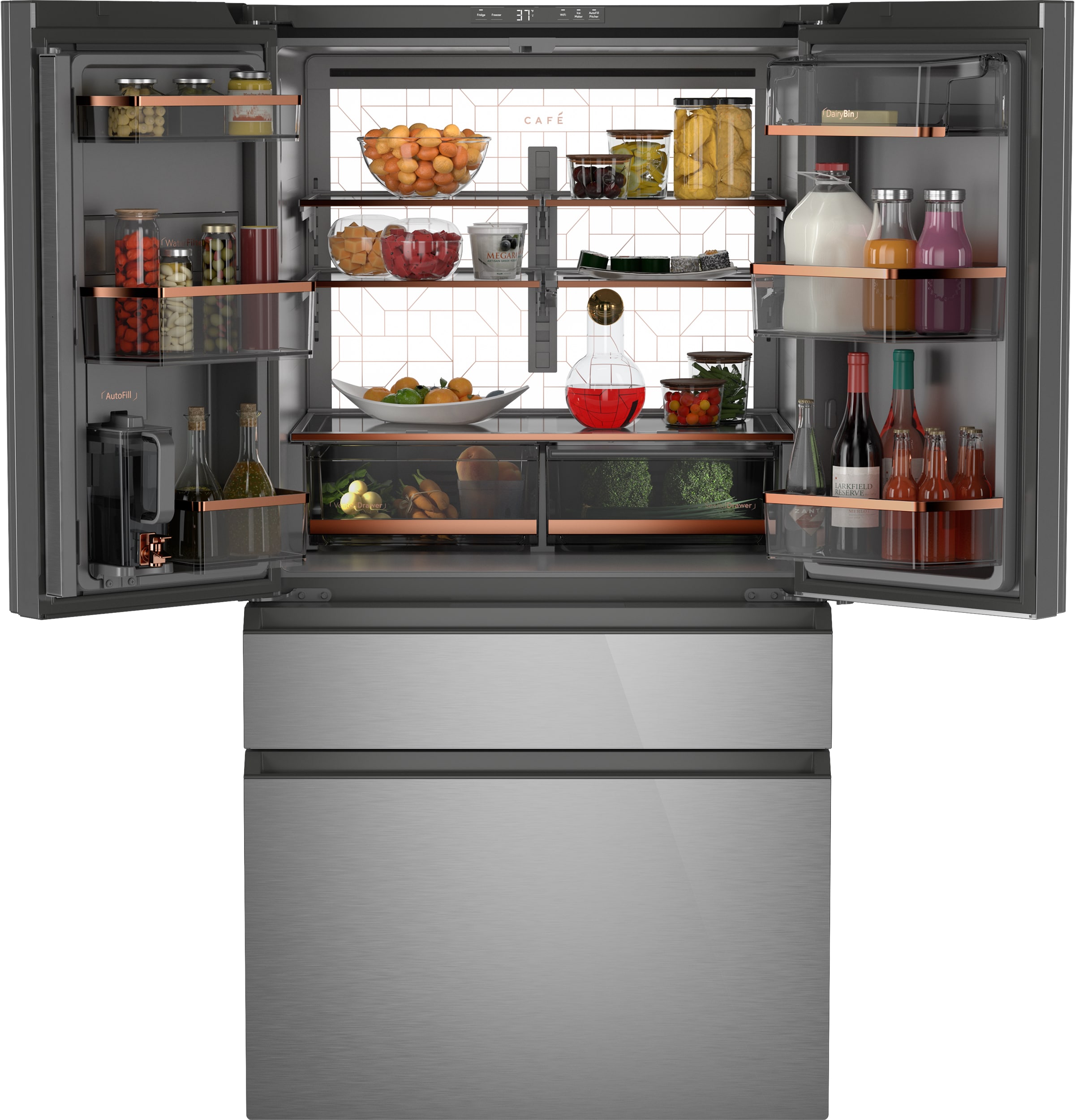 Refrigerador francés de puerta inteligente compatible con cafetería de 23.2 pies cúbicos de profundidad de mostrador con fabricador de hielo y dispensador de agua (vidrio platino) Certificado ENERGY STAR CJE23DM5WS5.
