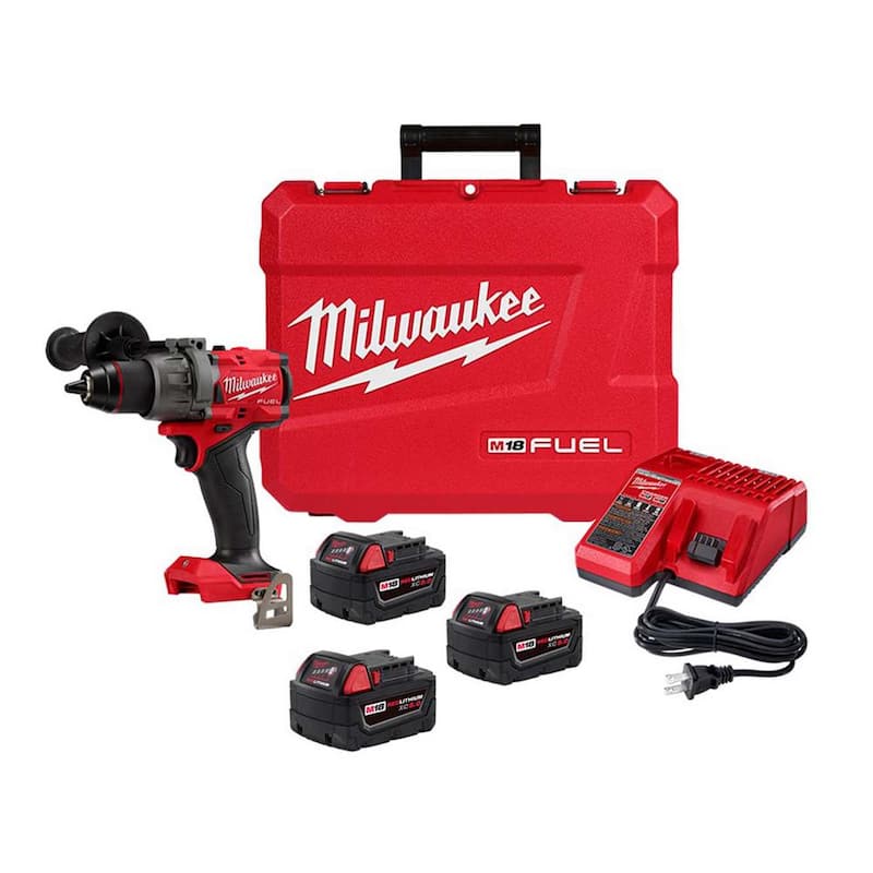 Juego de taladro/driver inalámbrico sin escobillas de 1/2 pulg. Milwaukee M18 FUEL 18V de iones de litio con (3) baterías de 5.0Ah, cargador y maletín resistente - 2903-22-48-11-1850.