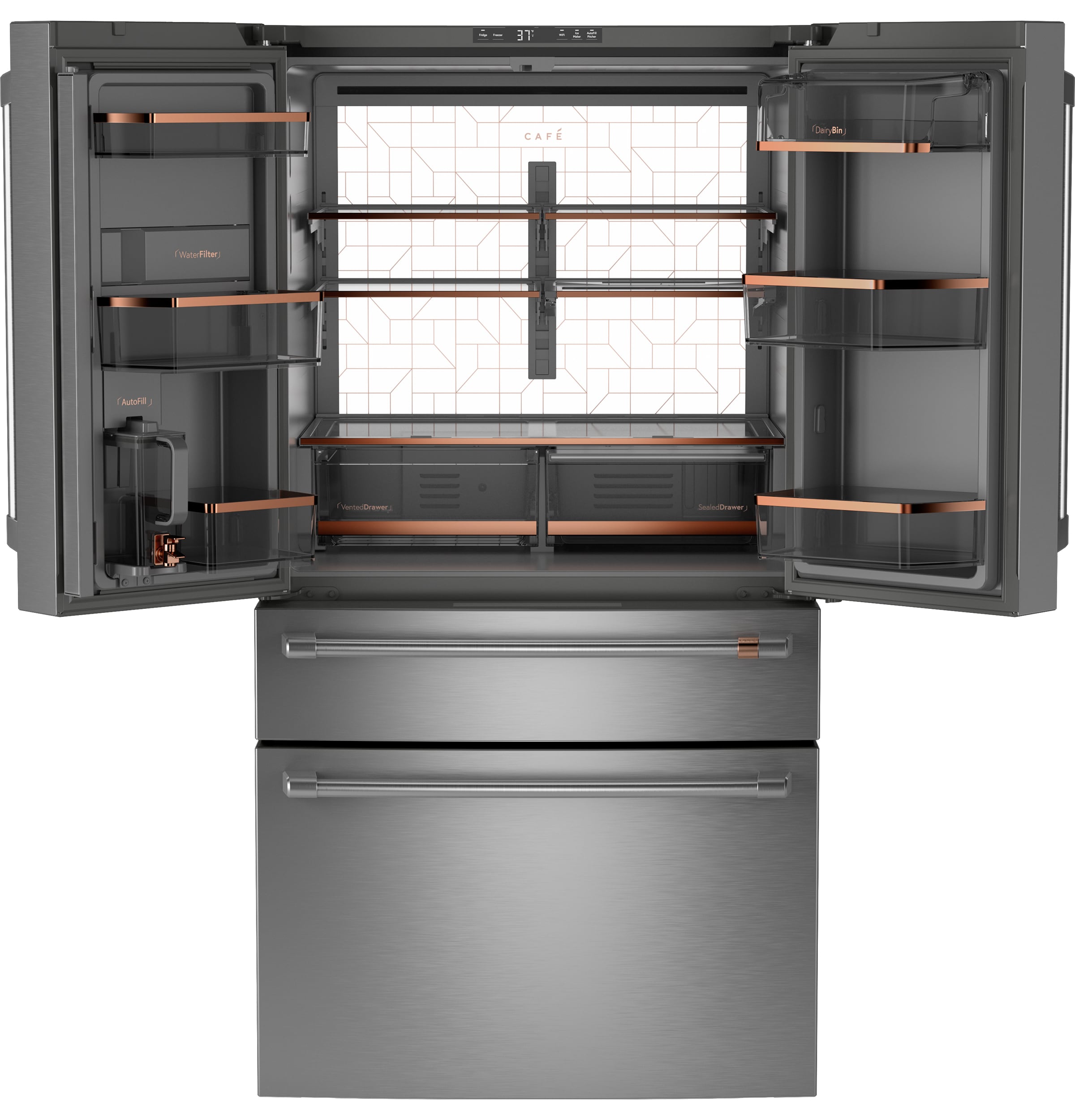Refrigerador francés de 23.2 pies cúbicos con profundidad de mostrador y 4 puertas, compatible con tecnología Smart, dispensador de agua e hielo (acero inoxidable) certificado ENERGY STAR.
