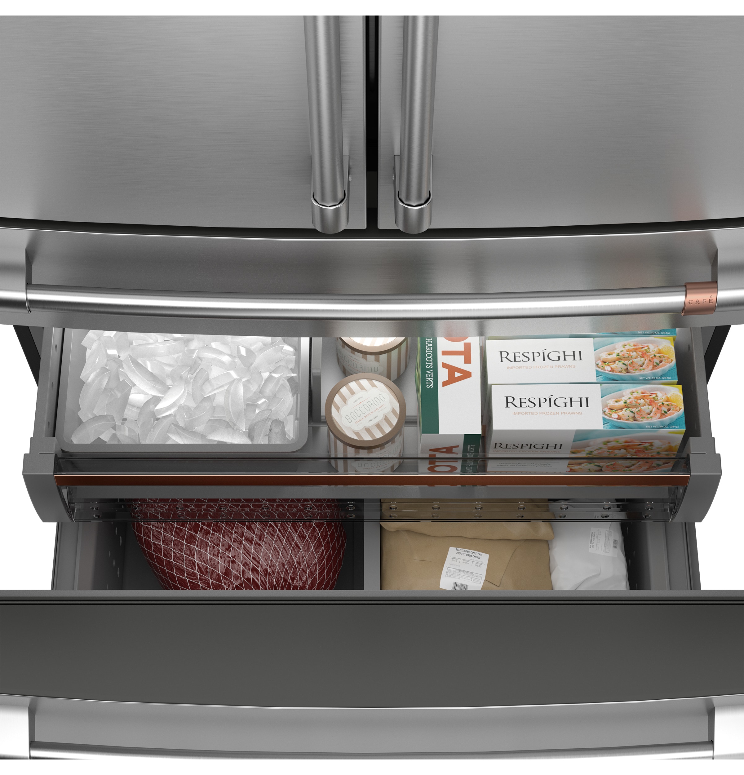Refrigerador francés de 23.2 pies cúbicos con profundidad de mostrador y 4 puertas, compatible con tecnología Smart, dispensador de agua e hielo (acero inoxidable) certificado ENERGY STAR.