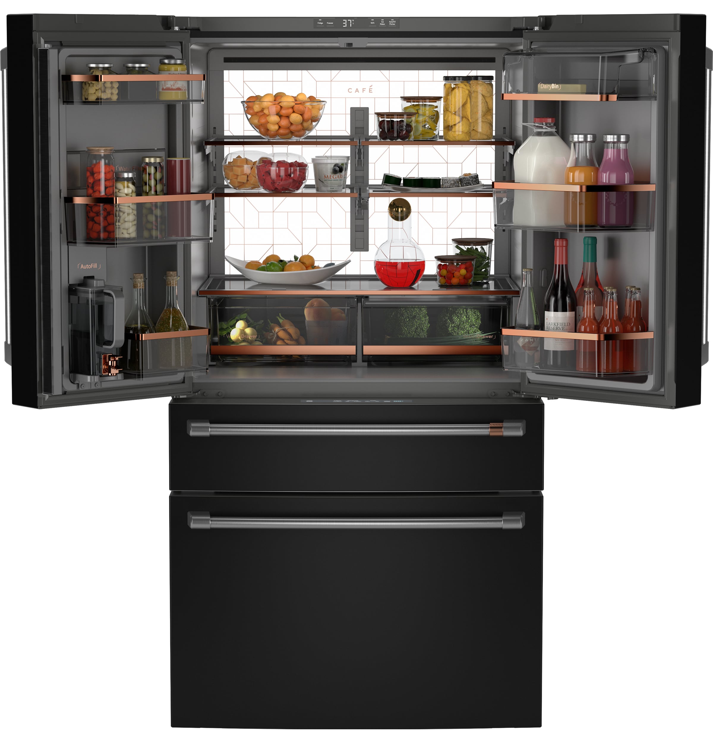 Refrigerador francés de 23.2 pies cúbicos con profundidad de mostrador y 4 puertas inteligente compatible con hielera y dispensador de agua (negro mate) Certificado ENERGY STAR