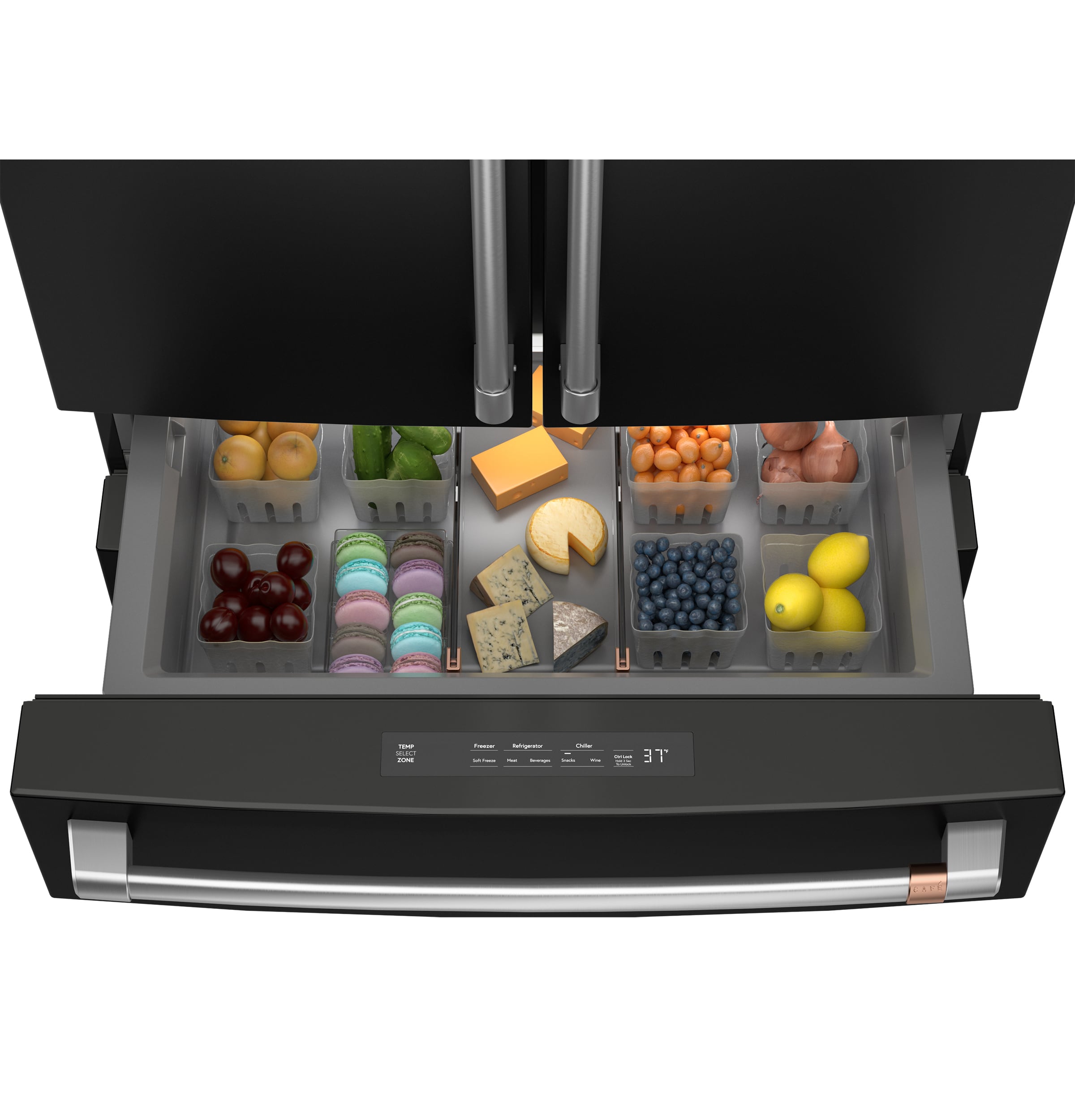 Refrigerador francés de 23.2 pies cúbicos con profundidad de mostrador y 4 puertas inteligente compatible con hielera y dispensador de agua (negro mate) Certificado ENERGY STAR