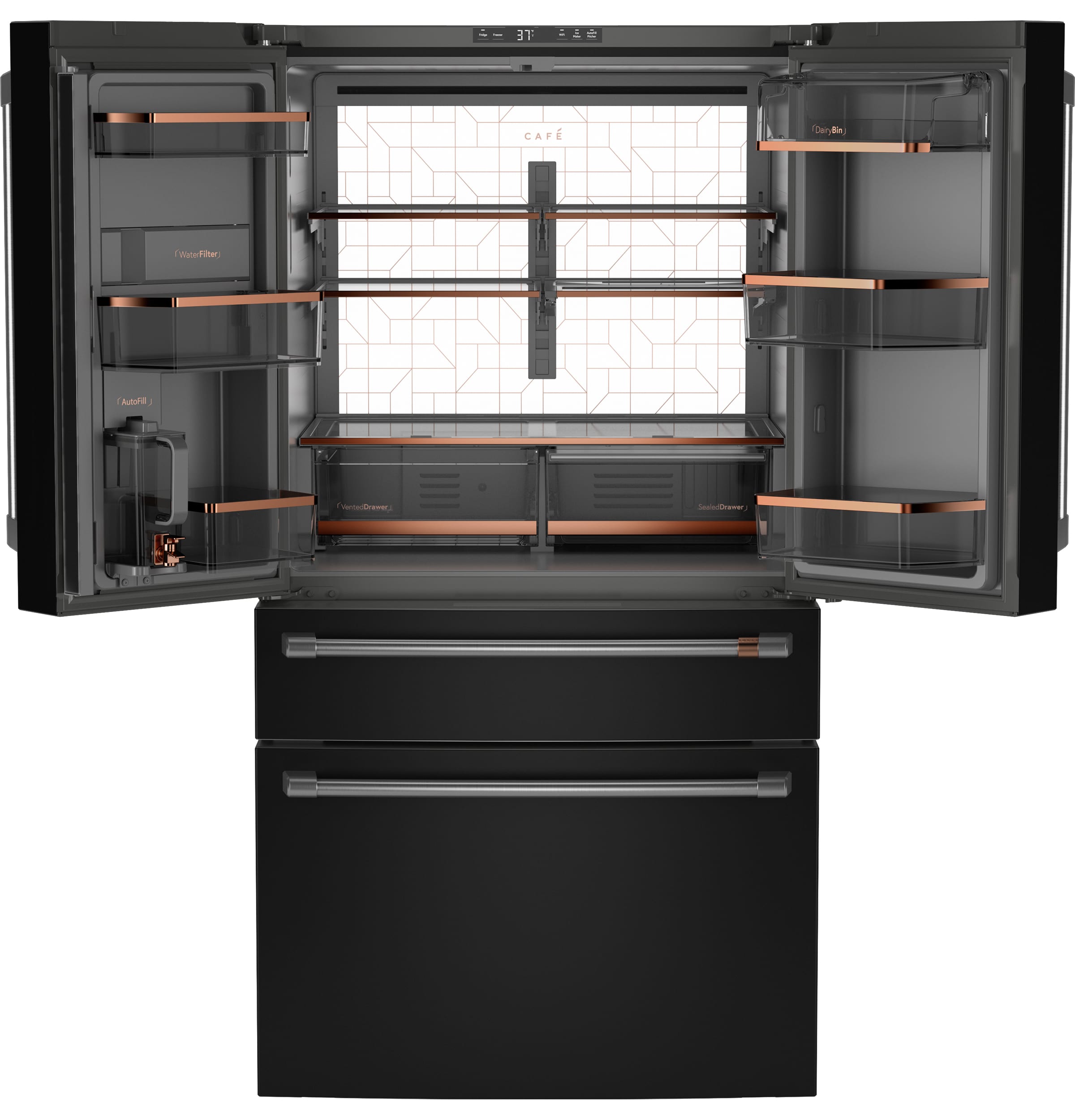 Refrigerador francés de 23.2 pies cúbicos con profundidad de mostrador y 4 puertas inteligente compatible con hielera y dispensador de agua (negro mate) Certificado ENERGY STAR