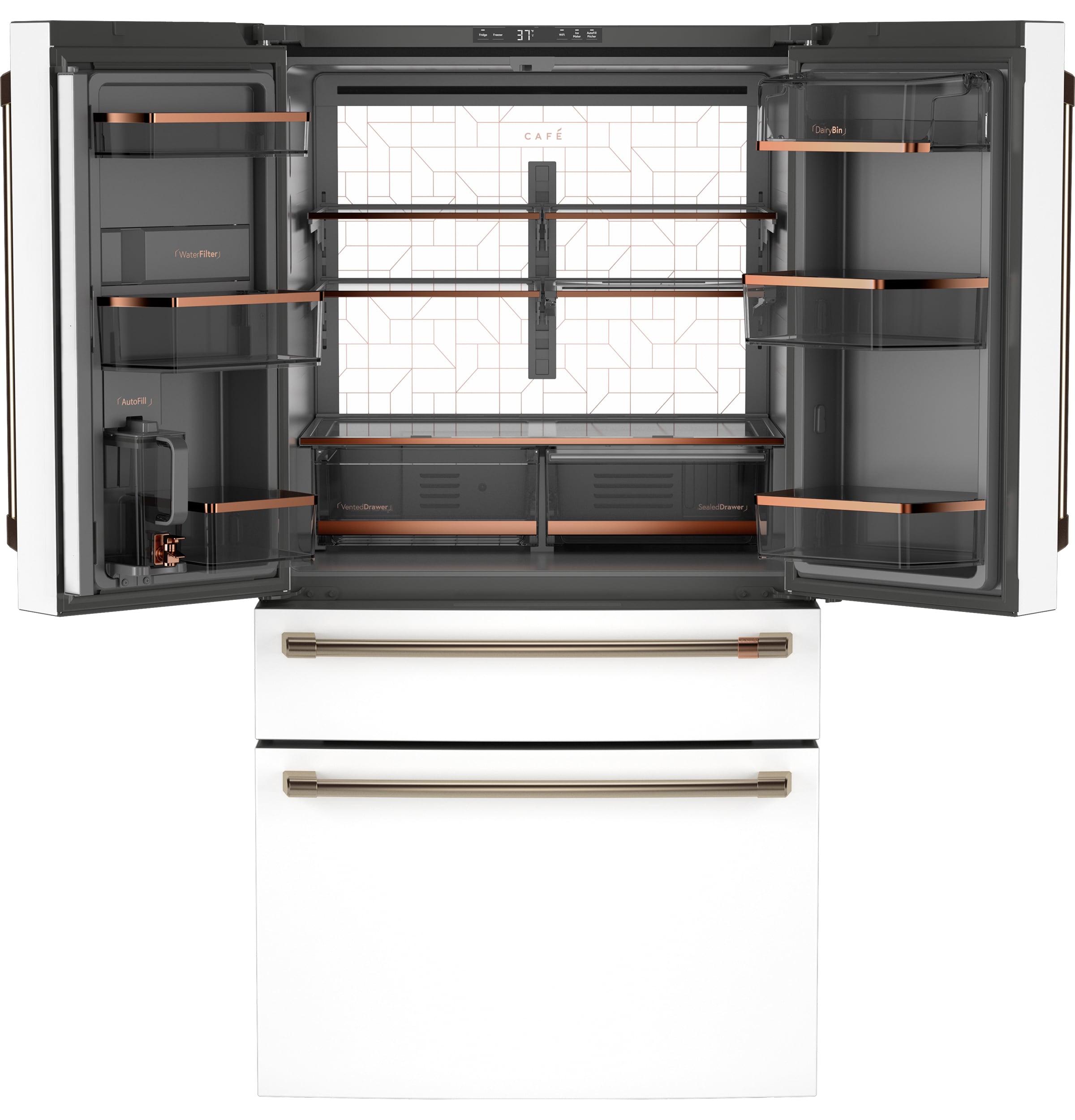 Refrigerador de Puertas Francesas Inteligente Compatible con Café Counter-Depth de 23.2 pies cúbicos con dispensador de hielo y agua (Blanco mate) Certificado ENERGY STAR CJE23DP4WW2