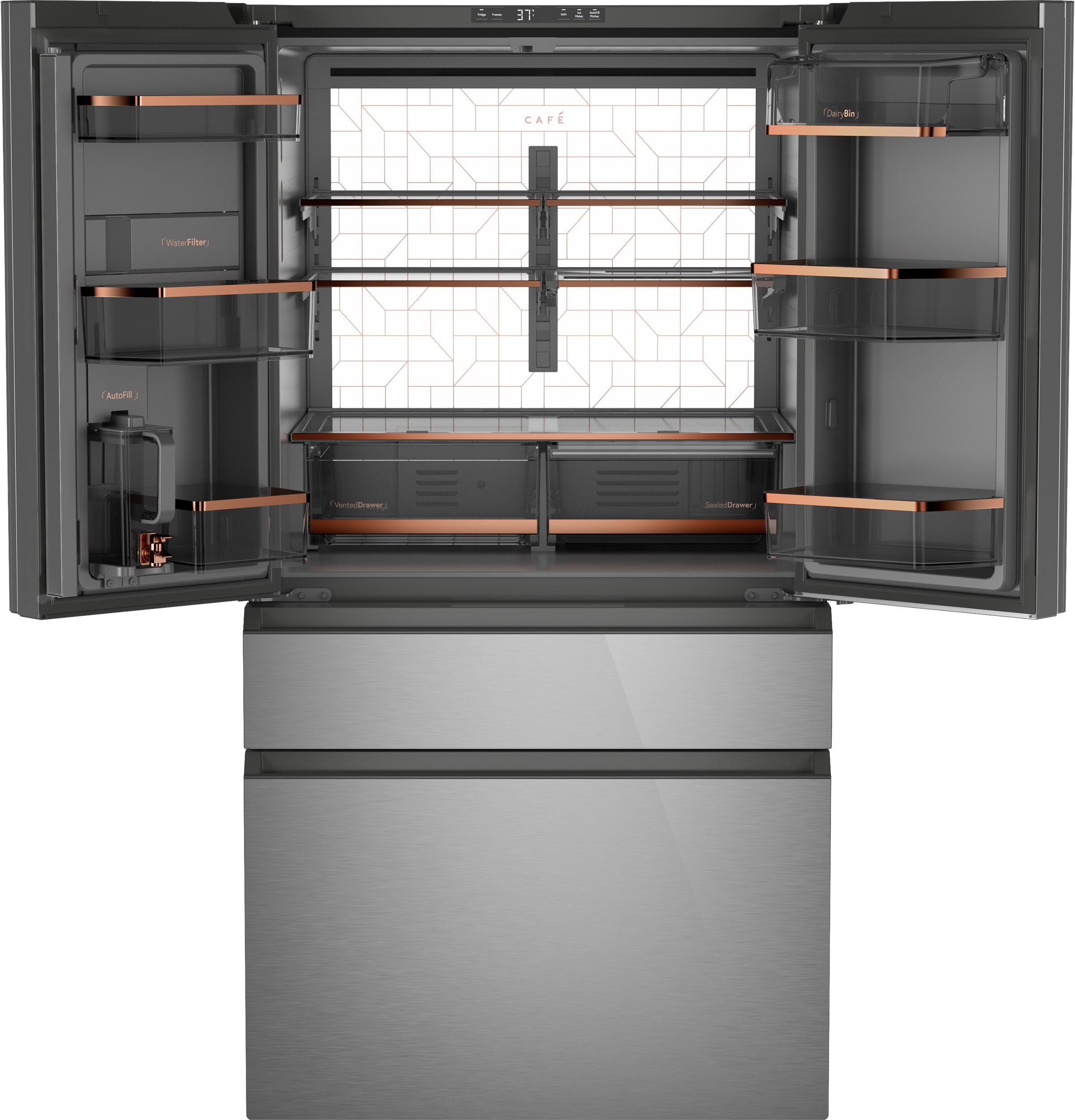 Refrigerador Francés de Puerta Cuádruple con Dispensador de Agua y Fabricador de Hielo, Compatible con Tecnología Inteligente, Profundidad Estándar de 28.7 pies cúbicos ( Vidrio Premium ) Certificado ENERGY STAR CGE29DM5TS5