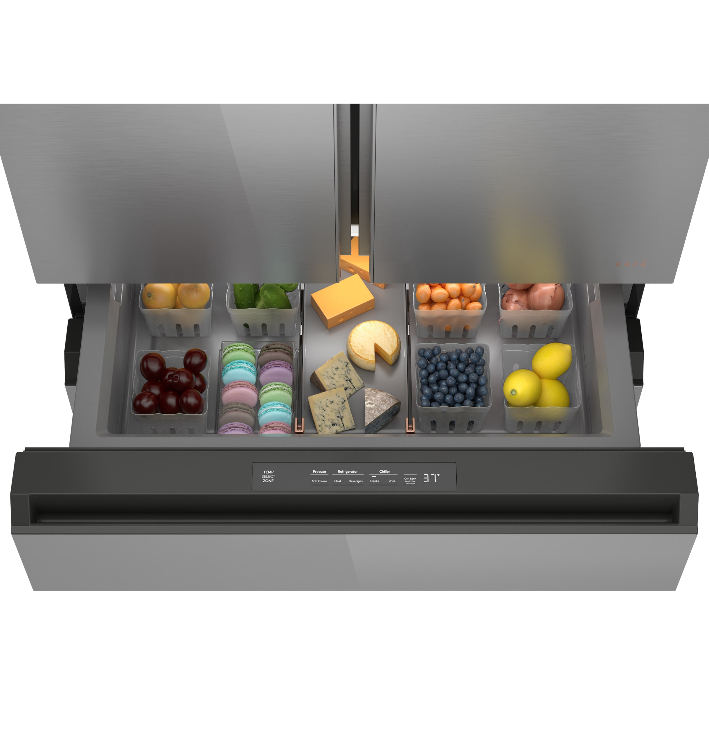 Refrigerador Francés de Puerta Cuádruple con Dispensador de Agua y Fabricador de Hielo, Compatible con Tecnología Inteligente, Profundidad Estándar de 28.7 pies cúbicos ( Vidrio Premium ) Certificado ENERGY STAR CGE29DM5TS5