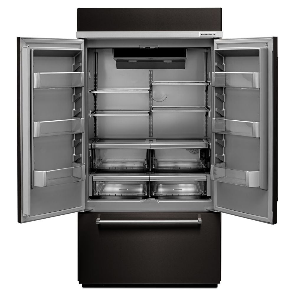 Refrigerador empotrable de puertas francesas estándar de 24.2 pies cúbicos de profundidad estándar de KitchenAid con fabricador de hielo (Negro Acero Inoxidable con PRINTSHIELD) Certificado ENERGY STAR KBFN502EBS