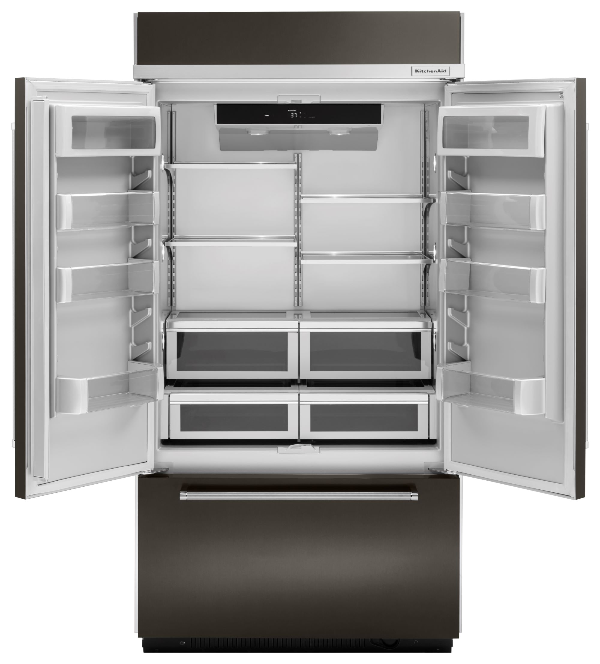 Refrigerador empotrable de puertas francesas estándar de 24.2 pies cúbicos de profundidad estándar de KitchenAid con fabricador de hielo (Negro Acero Inoxidable con PRINTSHIELD) Certificado ENERGY STAR KBFN502EBS