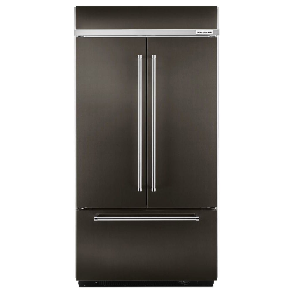 Refrigerador empotrable de puertas francesas estándar de 24.2 pies cúbicos de profundidad estándar de KitchenAid con fabricador de hielo (Negro Acero Inoxidable con PRINTSHIELD) Certificado ENERGY STAR KBFN502EBS