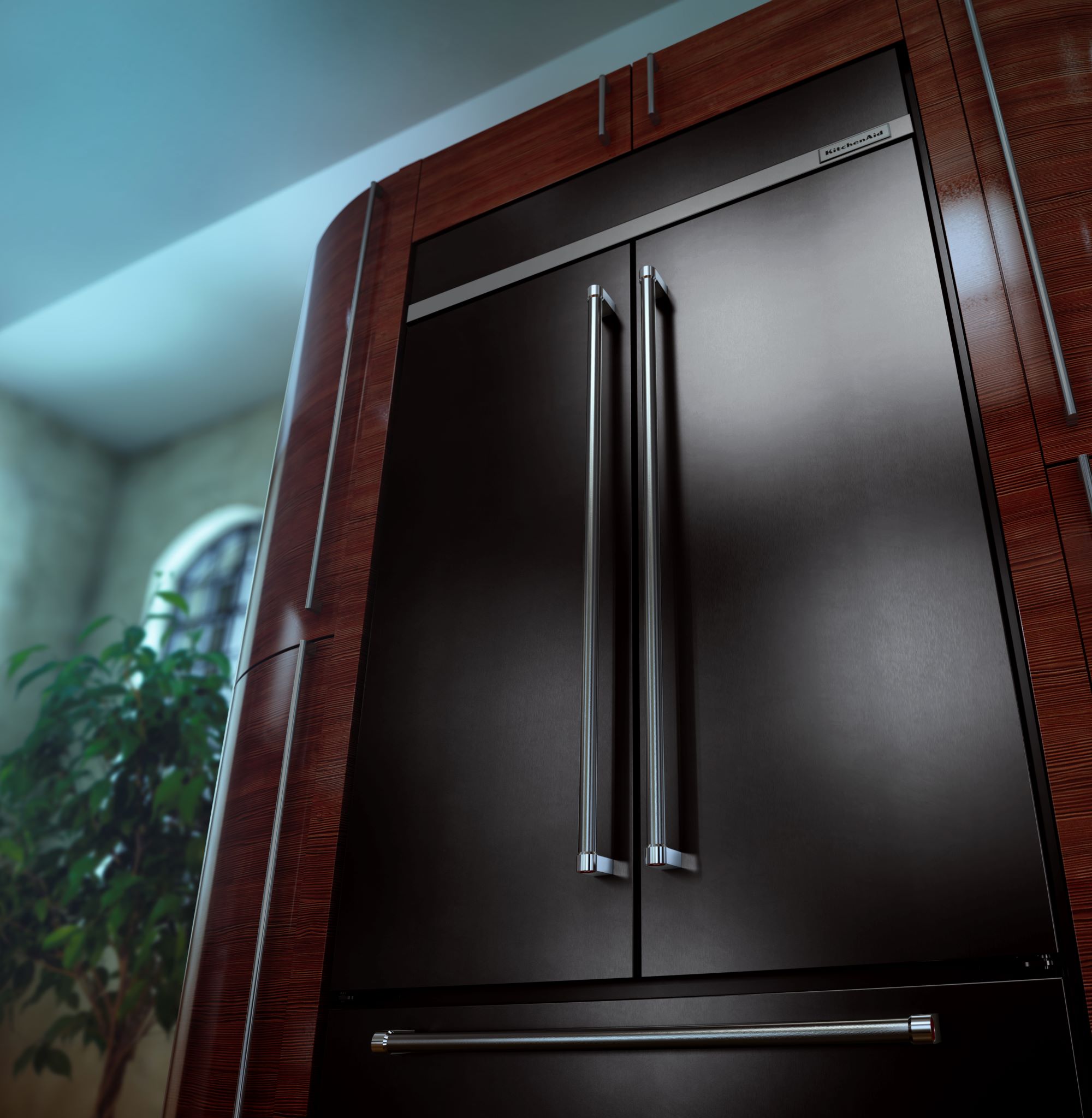 Refrigerador empotrable de puertas francesas estándar de 24.2 pies cúbicos de profundidad estándar de KitchenAid con fabricador de hielo (Negro Acero Inoxidable con PRINTSHIELD) Certificado ENERGY STAR KBFN502EBS