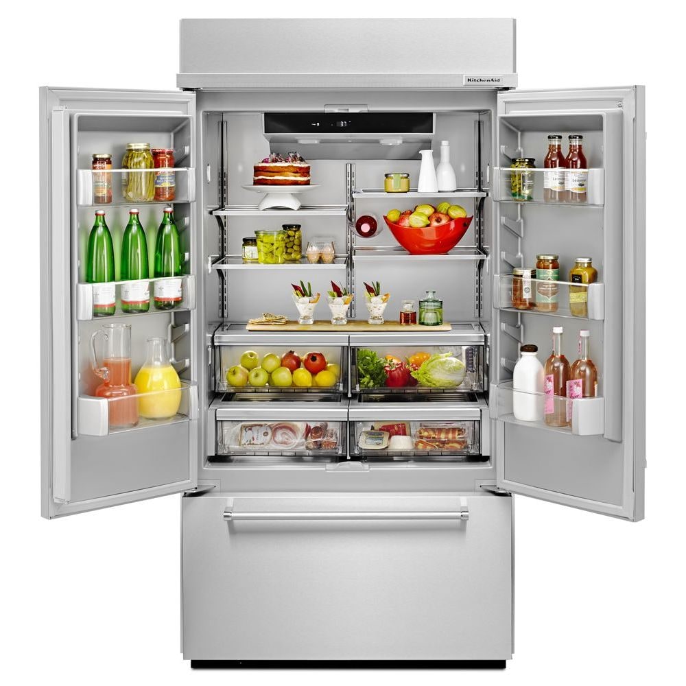 Refrigerador empotrado de puertas francesas con dispensador de hielo (acero inoxidable) certificado ENERGY STAR de 24.2 pies cúbicos de profundidad estándar de KitchenAid KBFN502ESS