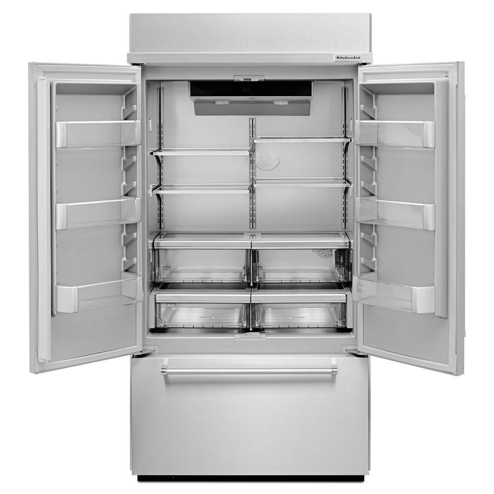 Refrigerador empotrado de puertas francesas con dispensador de hielo (acero inoxidable) certificado ENERGY STAR de 24.2 pies cúbicos de profundidad estándar de KitchenAid KBFN502ESS