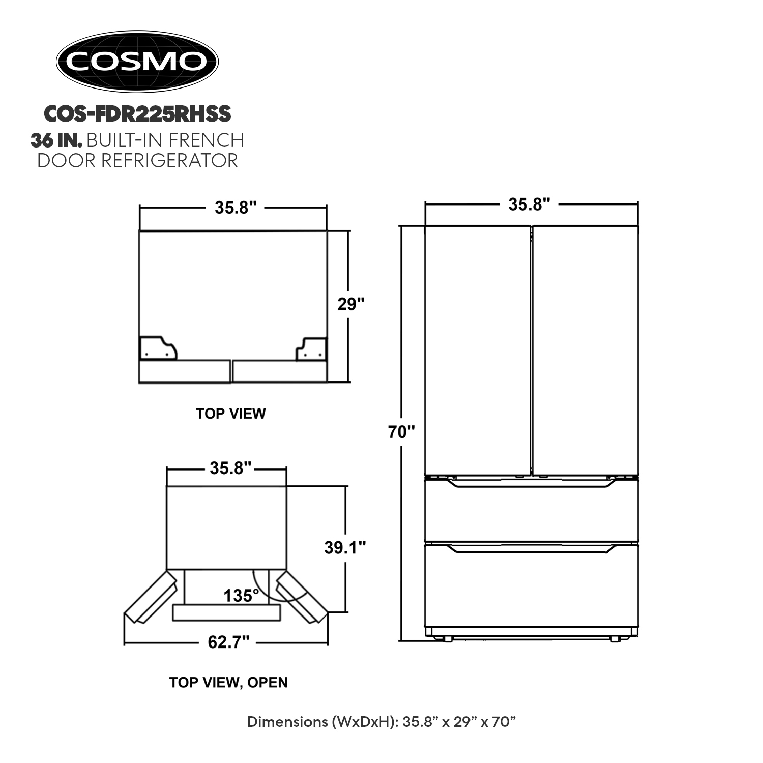 Refrigerador Francés de 4 Puertas con Dispensador de Hielo y Hielera de Acero Inoxidable COS-FDR225RHSS de 22.5 pies cúbicos de Profundidad de Mostrador (Certificado ENERGY STAR)