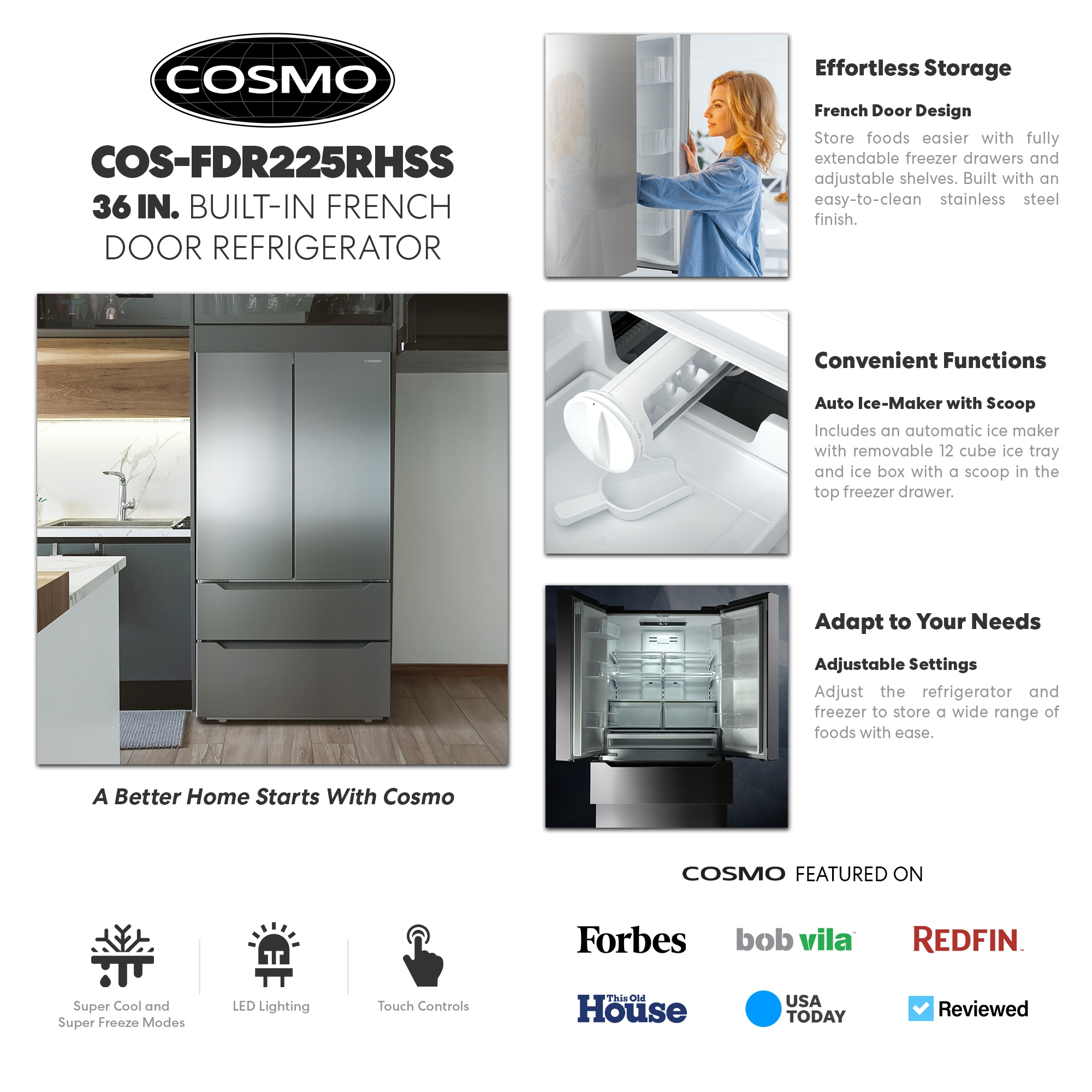 Refrigerador Francés de 4 Puertas con Dispensador de Hielo y Hielera de Acero Inoxidable COS-FDR225RHSS de 22.5 pies cúbicos de Profundidad de Mostrador (Certificado ENERGY STAR)
