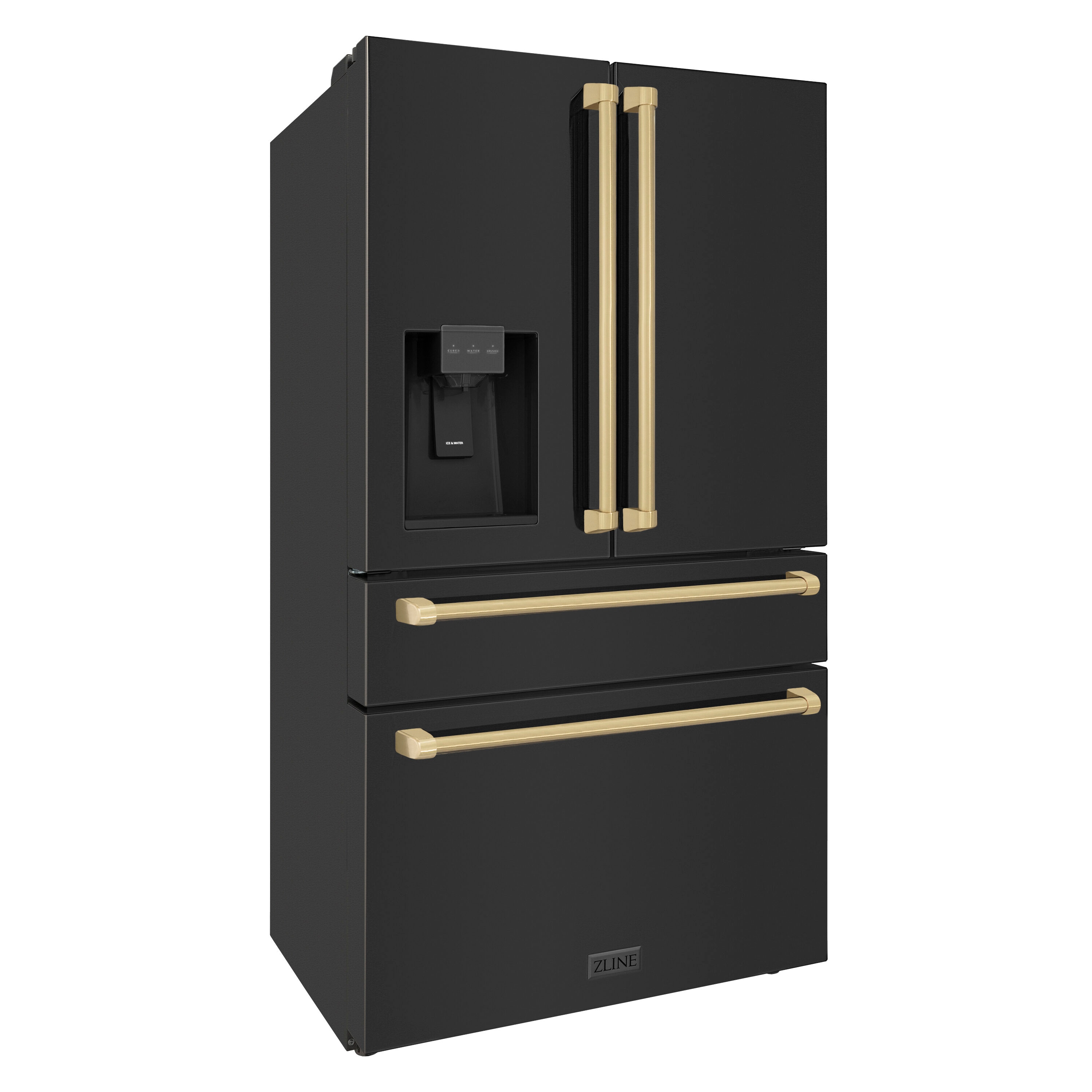 Refrigerador de Puerta Francesa de 4 puertas con Hielera y Dispensador de Agua, Edición Autógrafa de Profundidad de Mostrador de ZLINE KITCHEN & BATH de 21.6 pies cúbicos (Acero Inoxidable Negro Resistente a las Huellas Dactilares con Detalles en Bronce Champagne) Certificado ENERGY STAR RFMZ-W-36-BS-CB