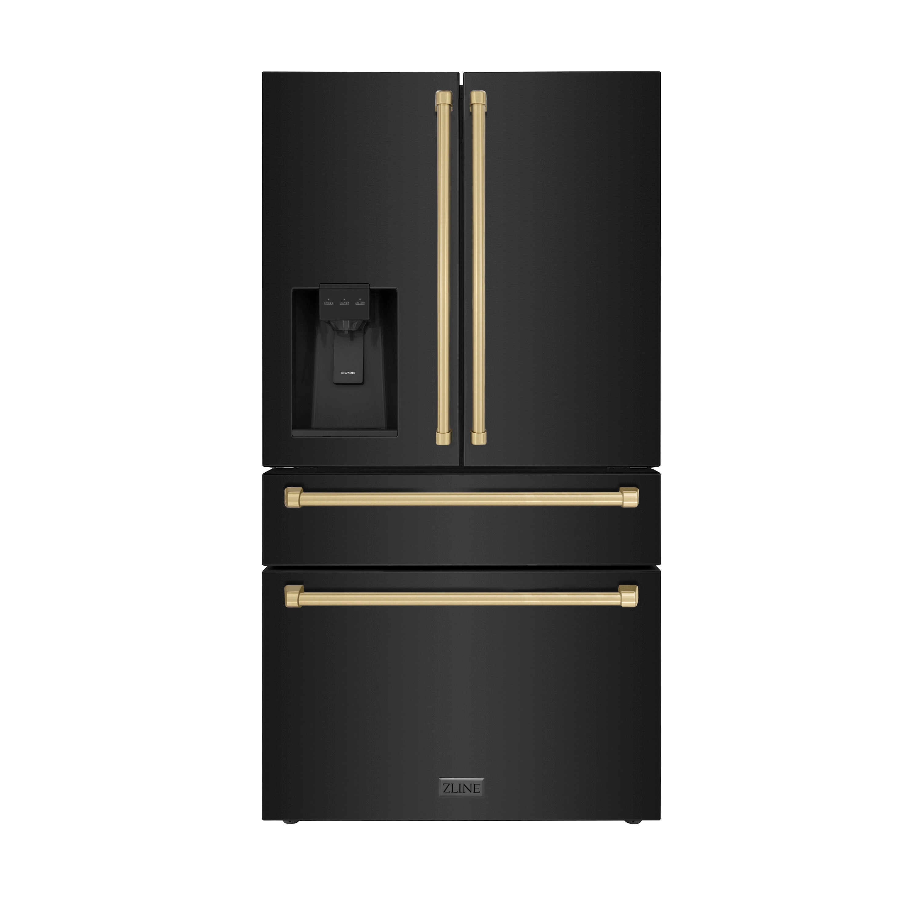 Refrigerador de Puerta Francesa de 4 puertas con Hielera y Dispensador de Agua, Edición Autógrafa de Profundidad de Mostrador de ZLINE KITCHEN & BATH de 21.6 pies cúbicos (Acero Inoxidable Negro Resistente a las Huellas Dactilares con Detalles en Bronce Champagne) Certificado ENERGY STAR RFMZ-W-36-BS-CB