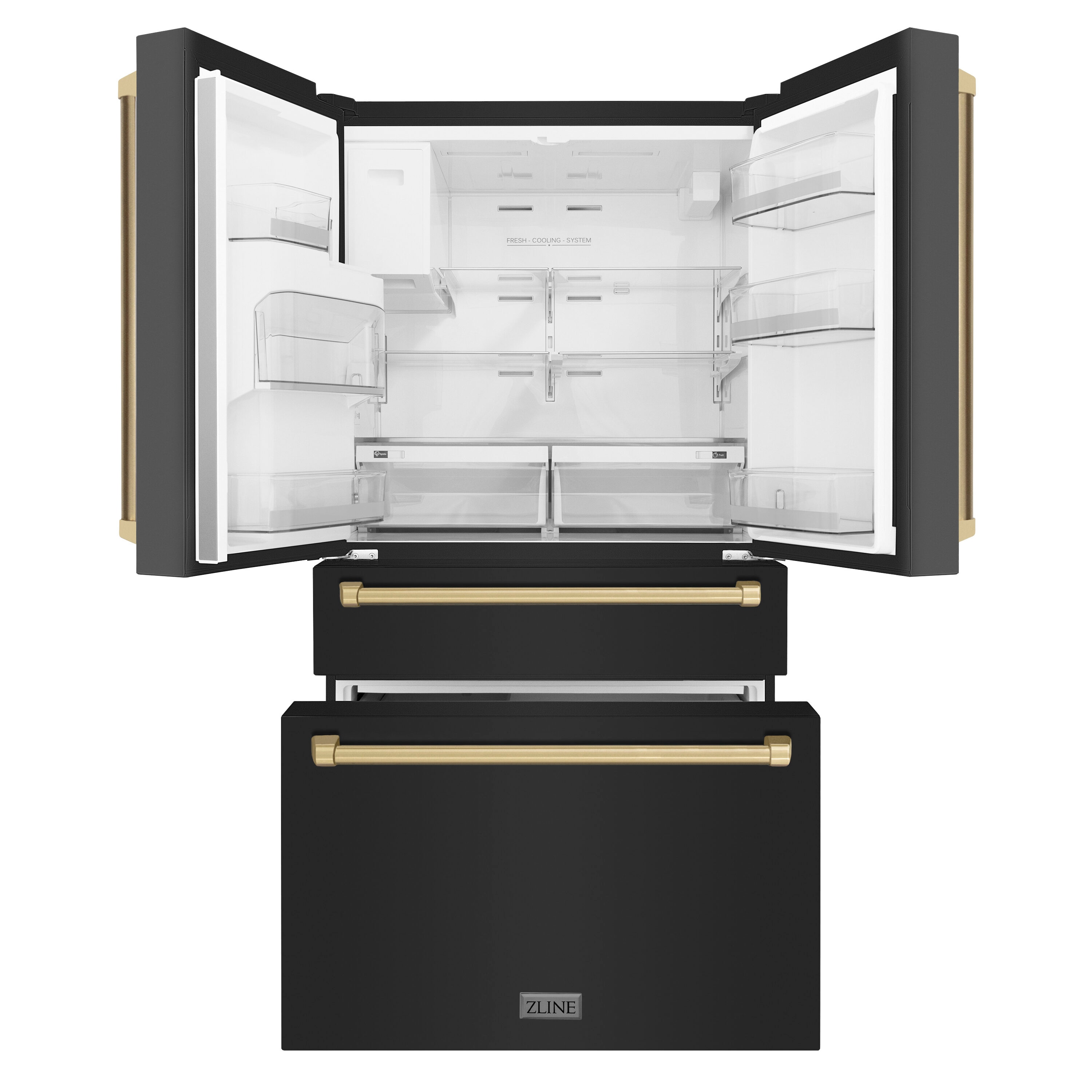 Refrigerador de Puerta Francesa de 4 puertas con Hielera y Dispensador de Agua, Edición Autógrafa de Profundidad de Mostrador de ZLINE KITCHEN & BATH de 21.6 pies cúbicos (Acero Inoxidable Negro Resistente a las Huellas Dactilares con Detalles en Bronce Champagne) Certificado ENERGY STAR RFMZ-W-36-BS-CB