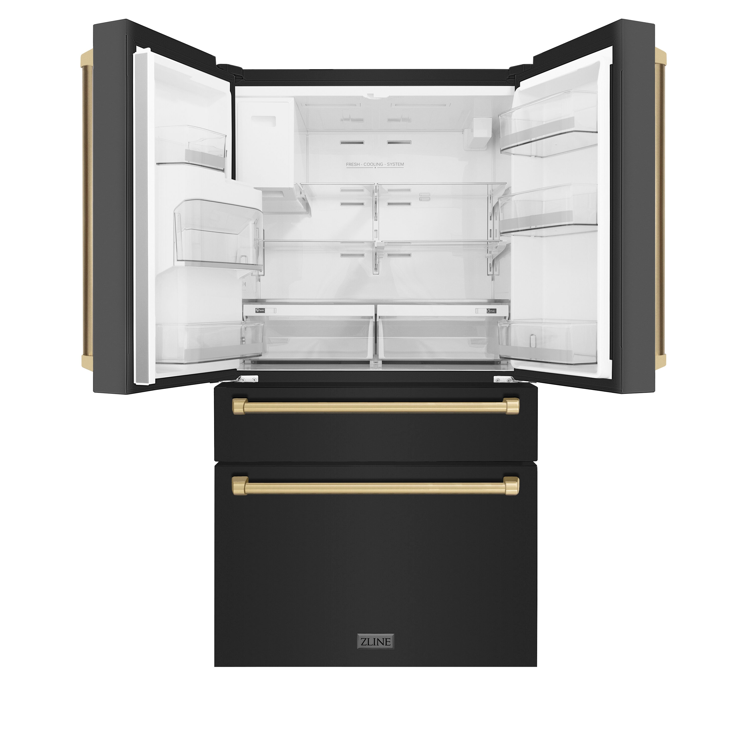 Refrigerador de Puerta Francesa de 4 puertas con Hielera y Dispensador de Agua, Edición Autógrafa de Profundidad de Mostrador de ZLINE KITCHEN & BATH de 21.6 pies cúbicos (Acero Inoxidable Negro Resistente a las Huellas Dactilares con Detalles en Bronce Champagne) Certificado ENERGY STAR RFMZ-W-36-BS-CB