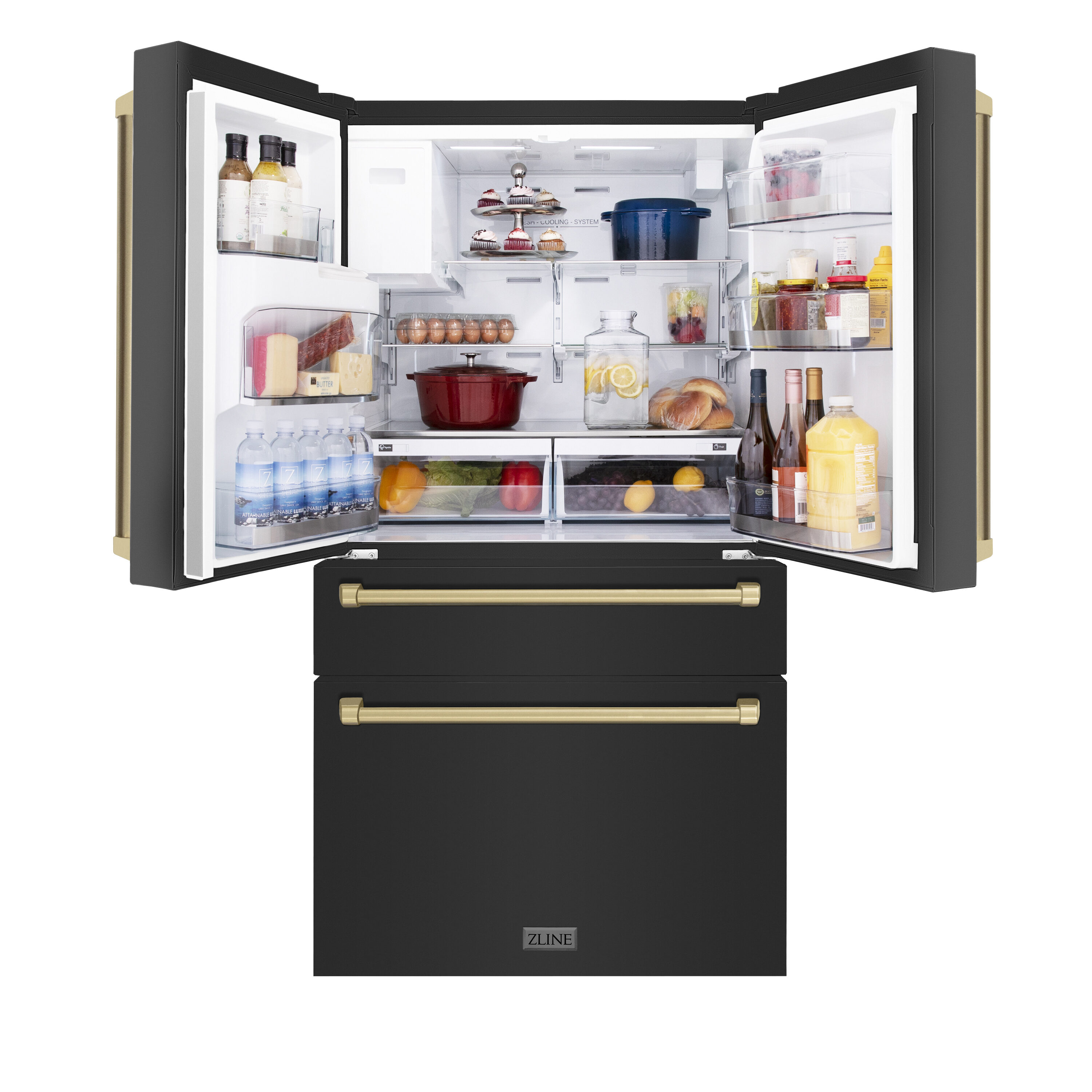 Refrigerador de Puerta Francesa de 4 puertas con Hielera y Dispensador de Agua, Edición Autógrafa de Profundidad de Mostrador de ZLINE KITCHEN & BATH de 21.6 pies cúbicos (Acero Inoxidable Negro Resistente a las Huellas Dactilares con Detalles en Bronce Champagne) Certificado ENERGY STAR RFMZ-W-36-BS-CB