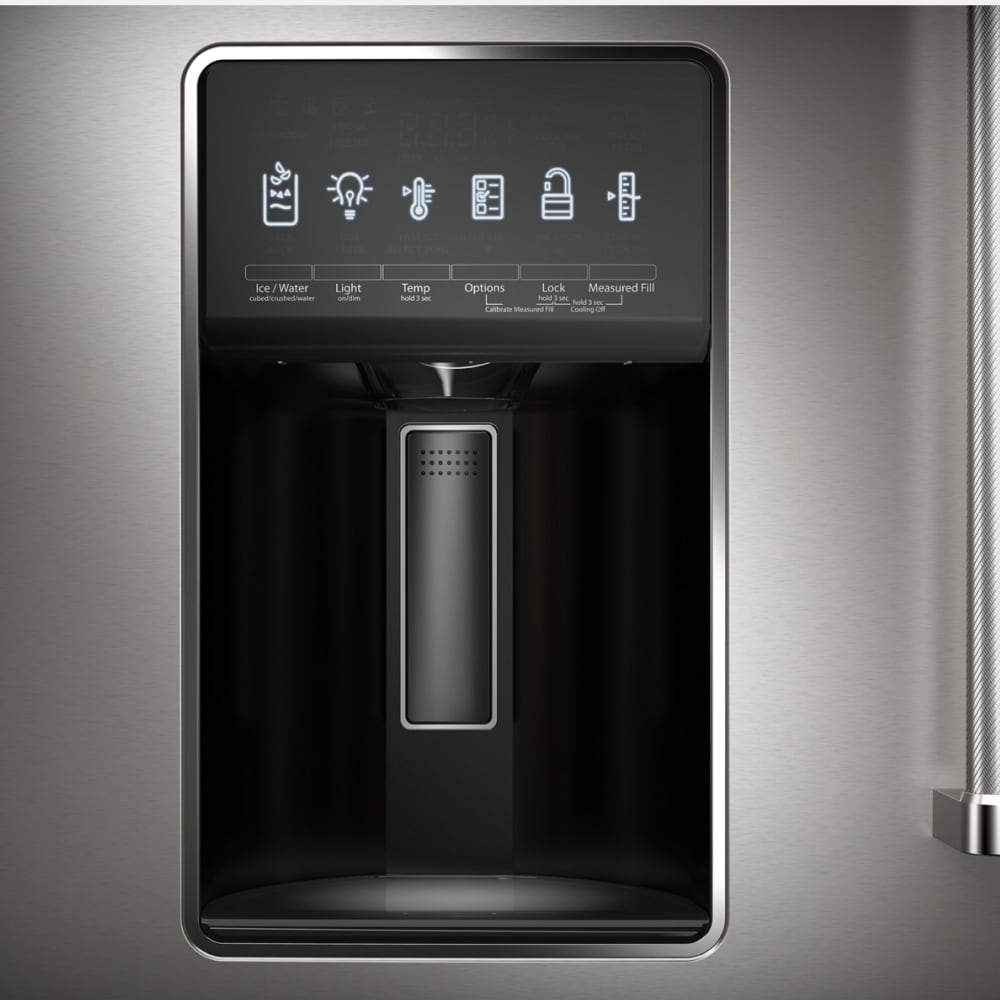 Refrigerador francés de 4 puertas de profundidad estándar de 26.2 pies cúbicos de KitchenAid con fabricador de hielo y dispensador de agua e hielo (acero inoxidable PrintShield) KRMF536RPS.