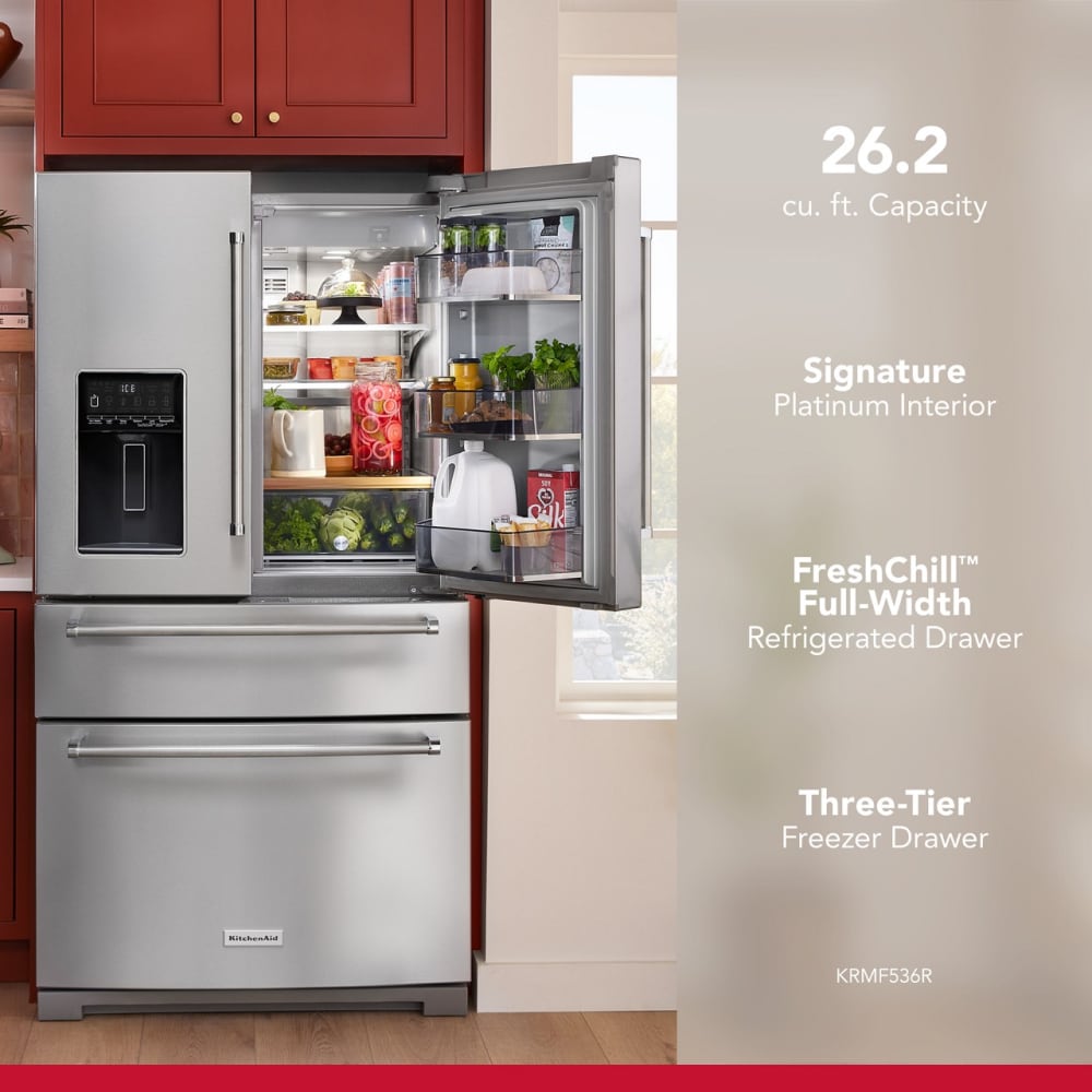 Refrigerador francés de 4 puertas de profundidad estándar de 26.2 pies cúbicos de KitchenAid con fabricador de hielo y dispensador de agua e hielo (acero inoxidable PrintShield) KRMF536RPS.