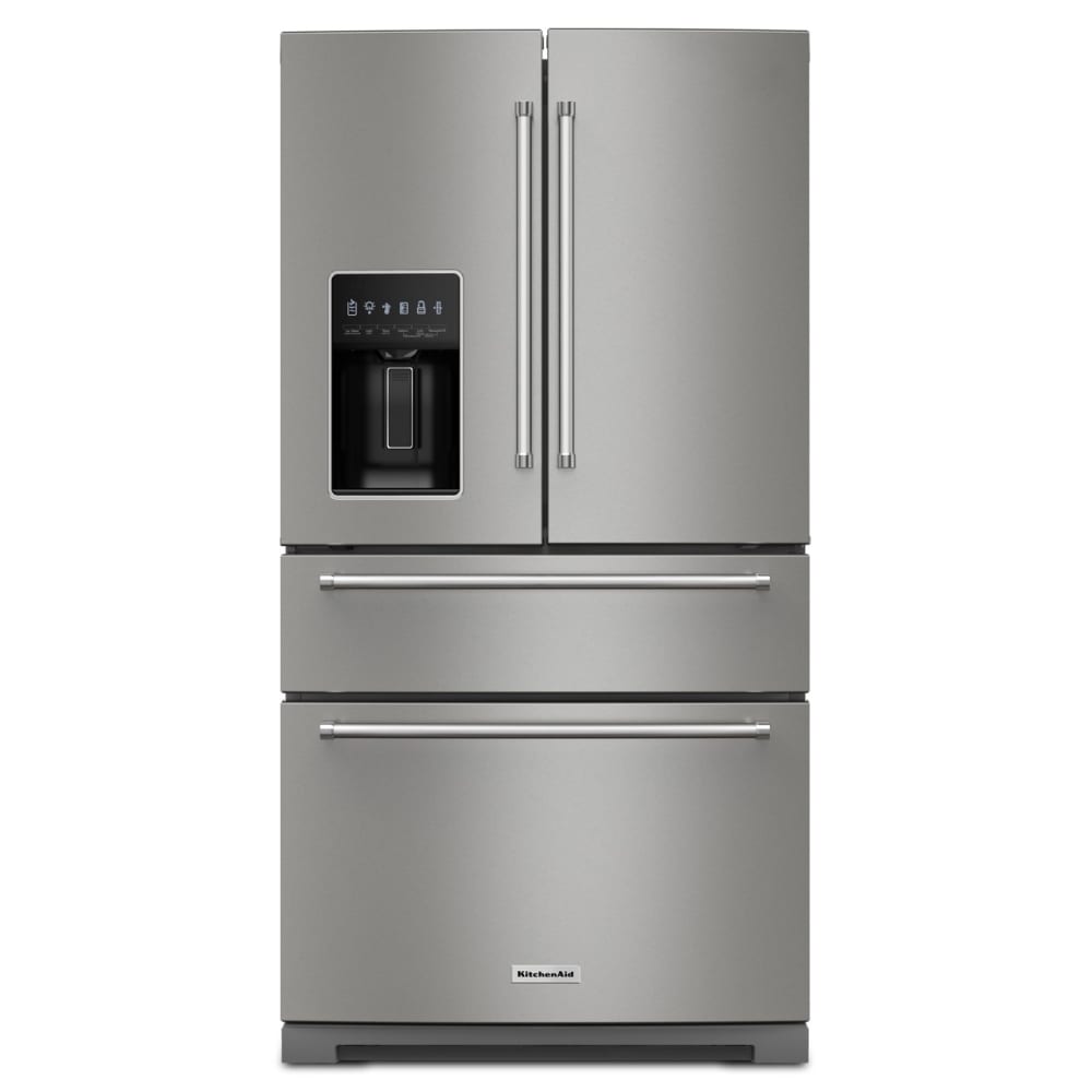Refrigerador francés de 4 puertas de profundidad estándar de 26.2 pies cúbicos de KitchenAid con fabricador de hielo y dispensador de agua e hielo (acero inoxidable PrintShield) KRMF536RPS.