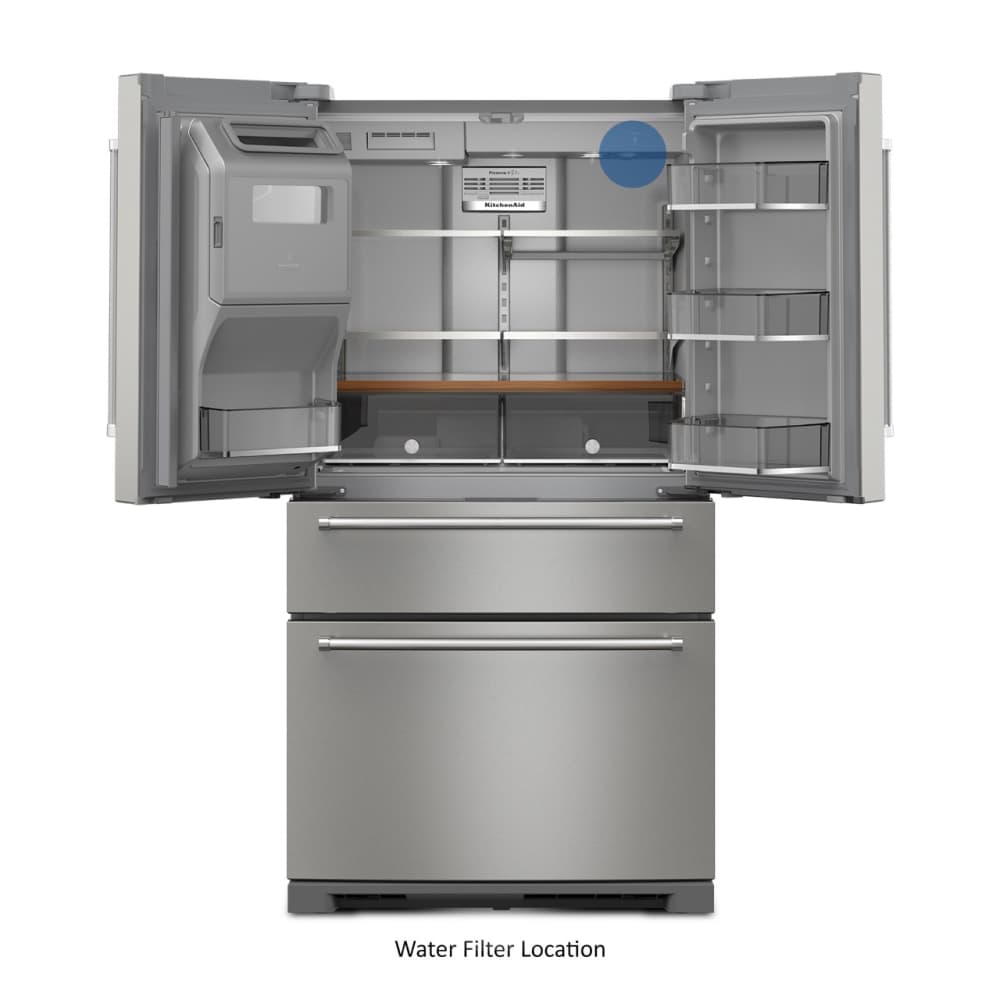 Refrigerador francés de 4 puertas de profundidad estándar de 26.2 pies cúbicos de KitchenAid con fabricador de hielo y dispensador de agua e hielo (acero inoxidable PrintShield) KRMF536RPS.