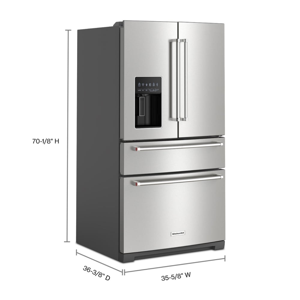 Refrigerador francés de 4 puertas de profundidad estándar de 26.2 pies cúbicos de KitchenAid con fabricador de hielo y dispensador de agua e hielo (acero inoxidable PrintShield) KRMF536RPS.