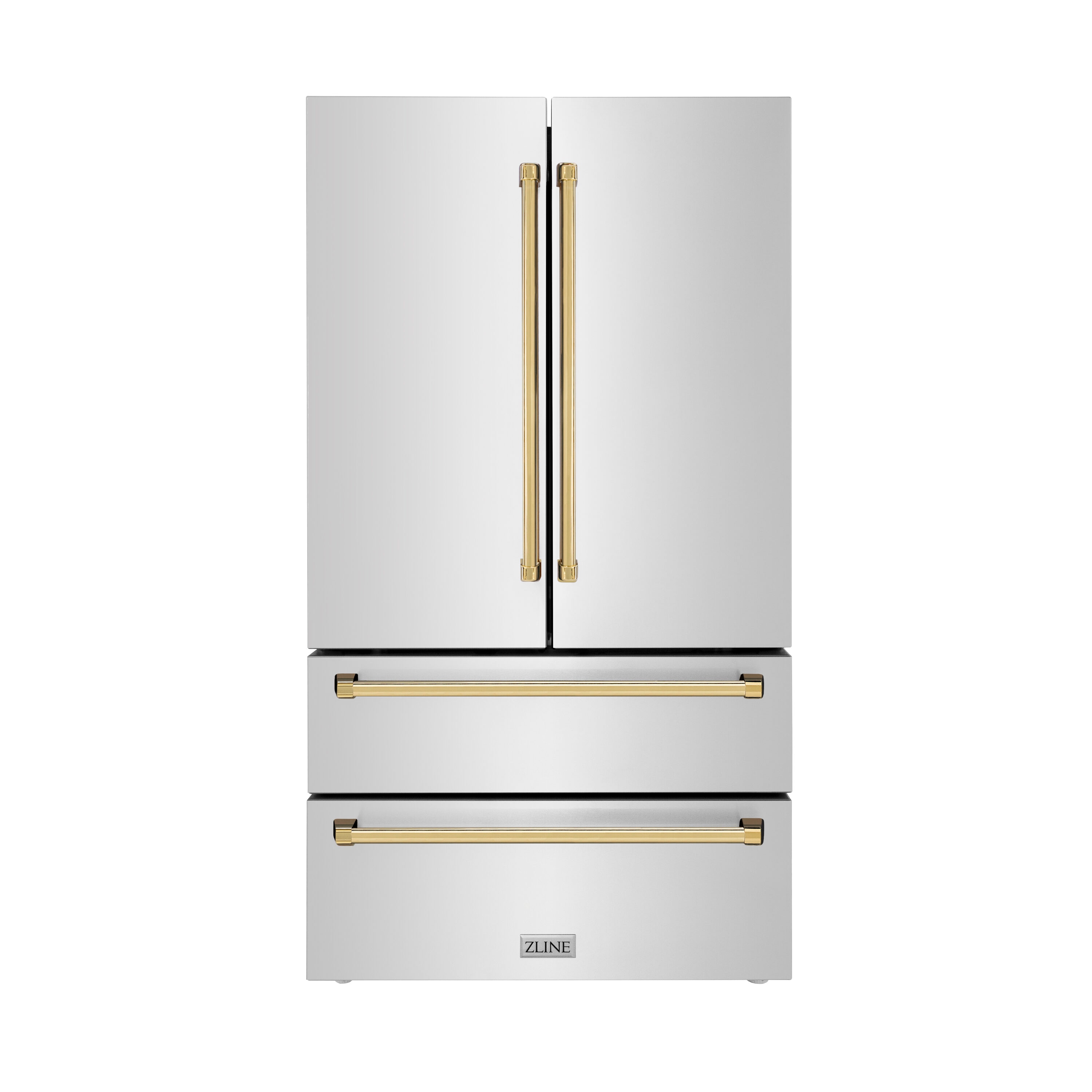Refrigerador de puertas francesas de 4 puertas con dispensador de hielo (Acero inoxidable resistente a las huellas dactilares con detalles de oro pulido) ENERGY STAR Certificado - Profundidad de mostrador 22.5 pies cúbicos RFMZ-36-G de ZLINE KITCHEN & BATH.