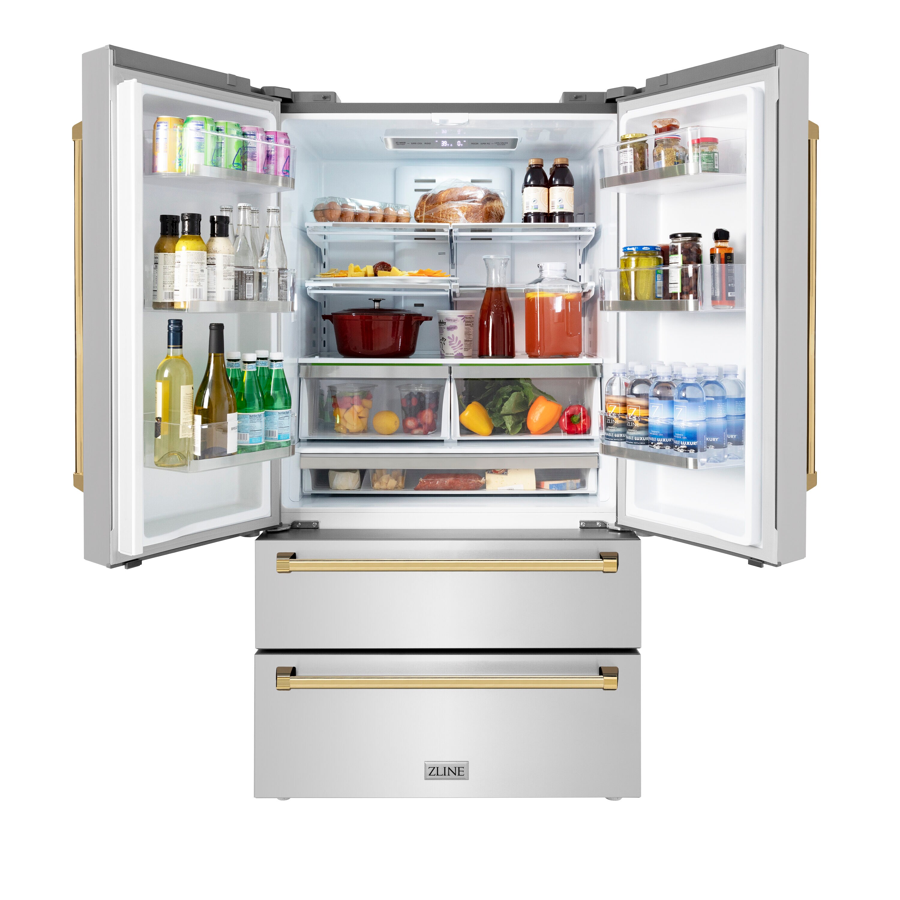Refrigerador de puertas francesas de 4 puertas con dispensador de hielo (Acero inoxidable resistente a las huellas dactilares con detalles de oro pulido) ENERGY STAR Certificado - Profundidad de mostrador 22.5 pies cúbicos RFMZ-36-G de ZLINE KITCHEN & BATH.