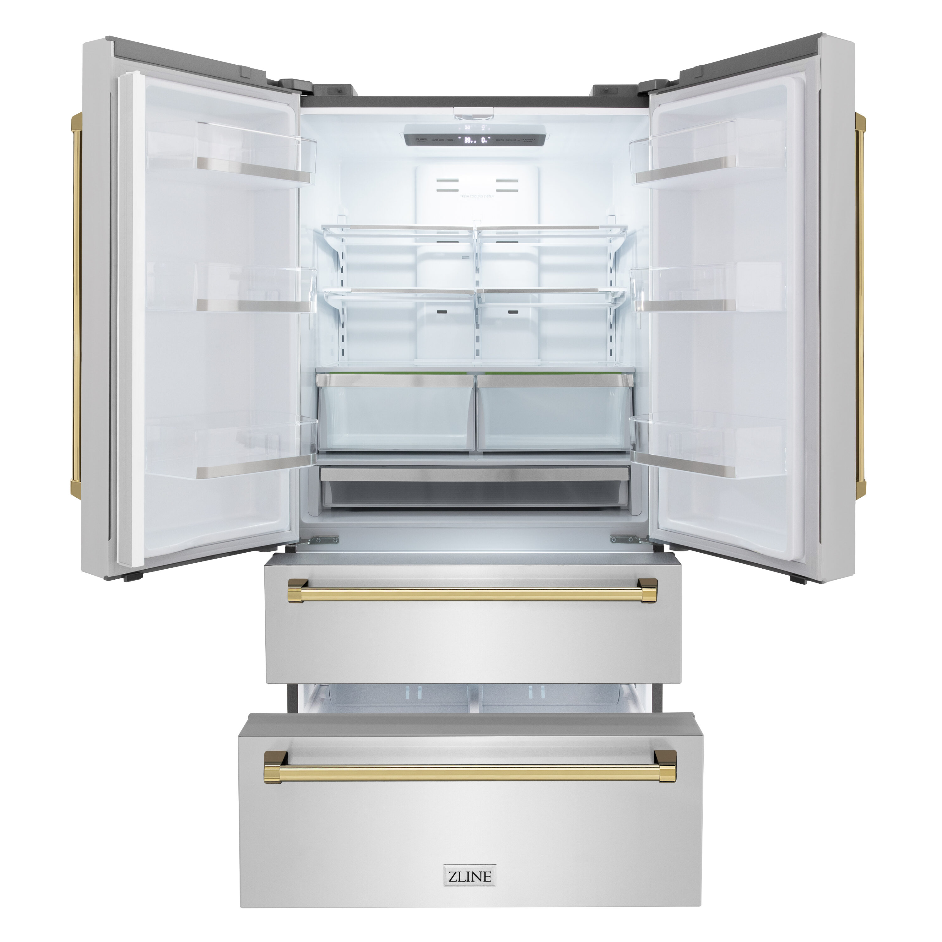 Refrigerador de puertas francesas de 4 puertas con dispensador de hielo (Acero inoxidable resistente a las huellas dactilares con detalles de oro pulido) ENERGY STAR Certificado - Profundidad de mostrador 22.5 pies cúbicos RFMZ-36-G de ZLINE KITCHEN & BATH.