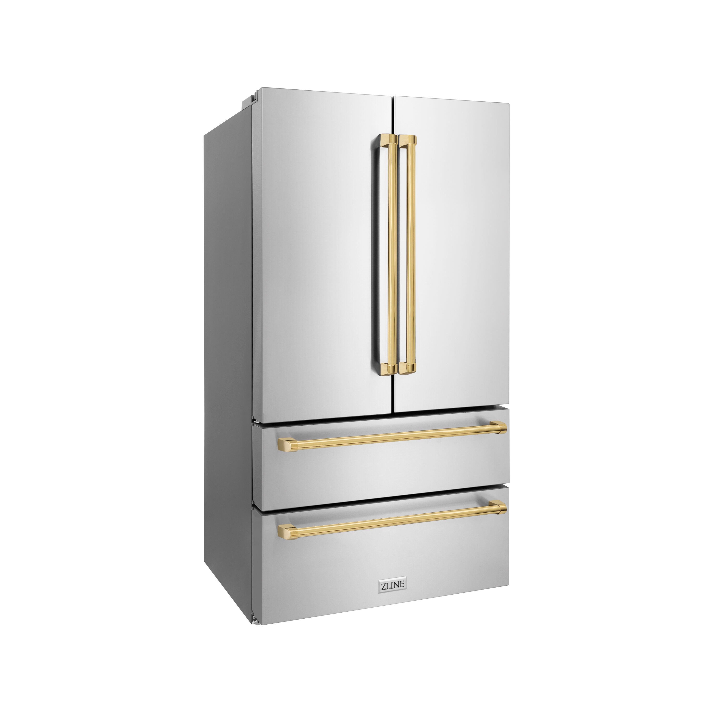 Refrigerador de puertas francesas de 4 puertas con dispensador de hielo (Acero inoxidable resistente a las huellas dactilares con detalles de oro pulido) ENERGY STAR Certificado - Profundidad de mostrador 22.5 pies cúbicos RFMZ-36-G de ZLINE KITCHEN & BATH.