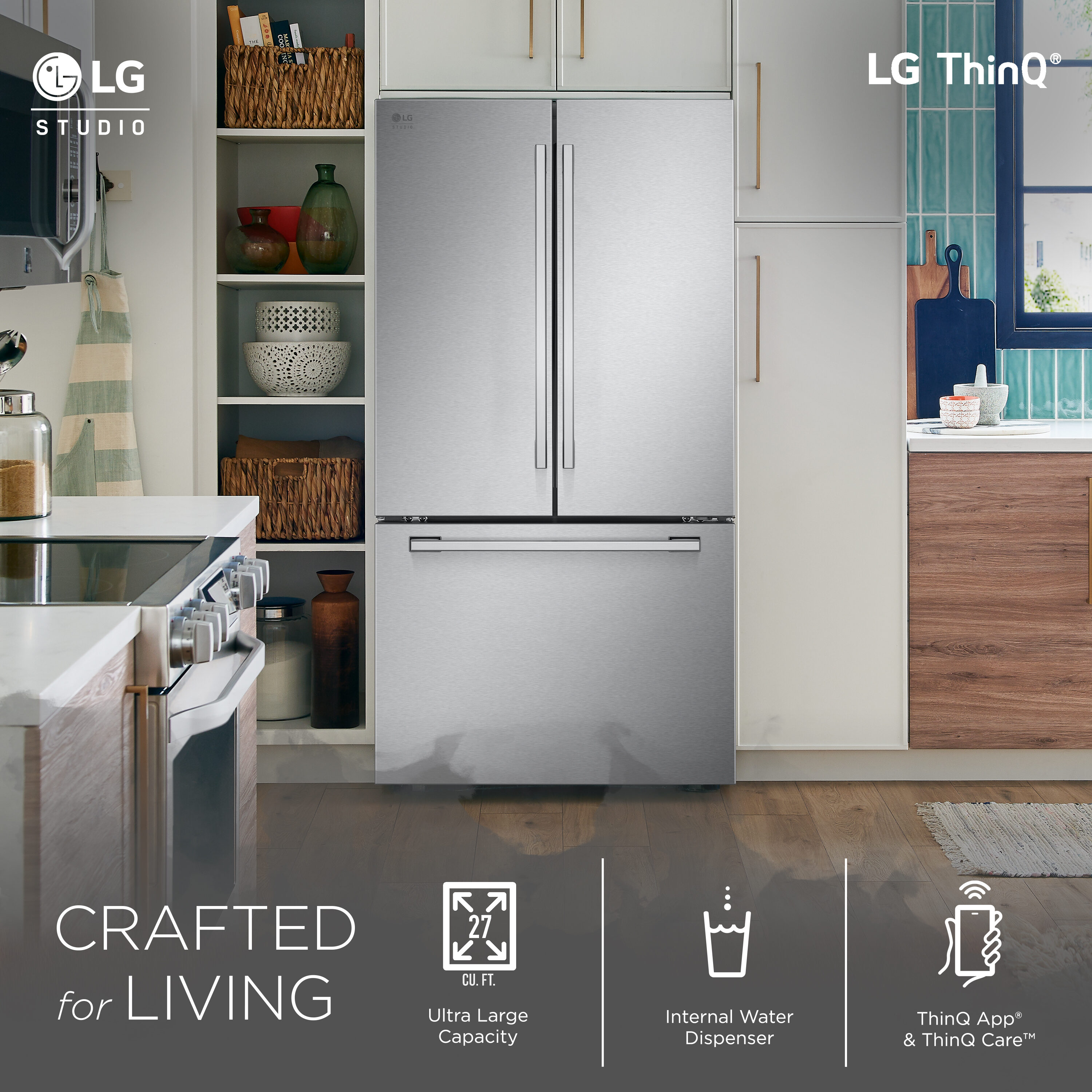 Refrigerador de Puertas Francesas LG STUDIO Counter-Depth de 26.5 pies cúbicos con Fabricador de Hielo y Dispensador de Agua (Acero Inoxidable PrintProof) Compatible con Smart ENERGY STAR Certificado SRFB27S3