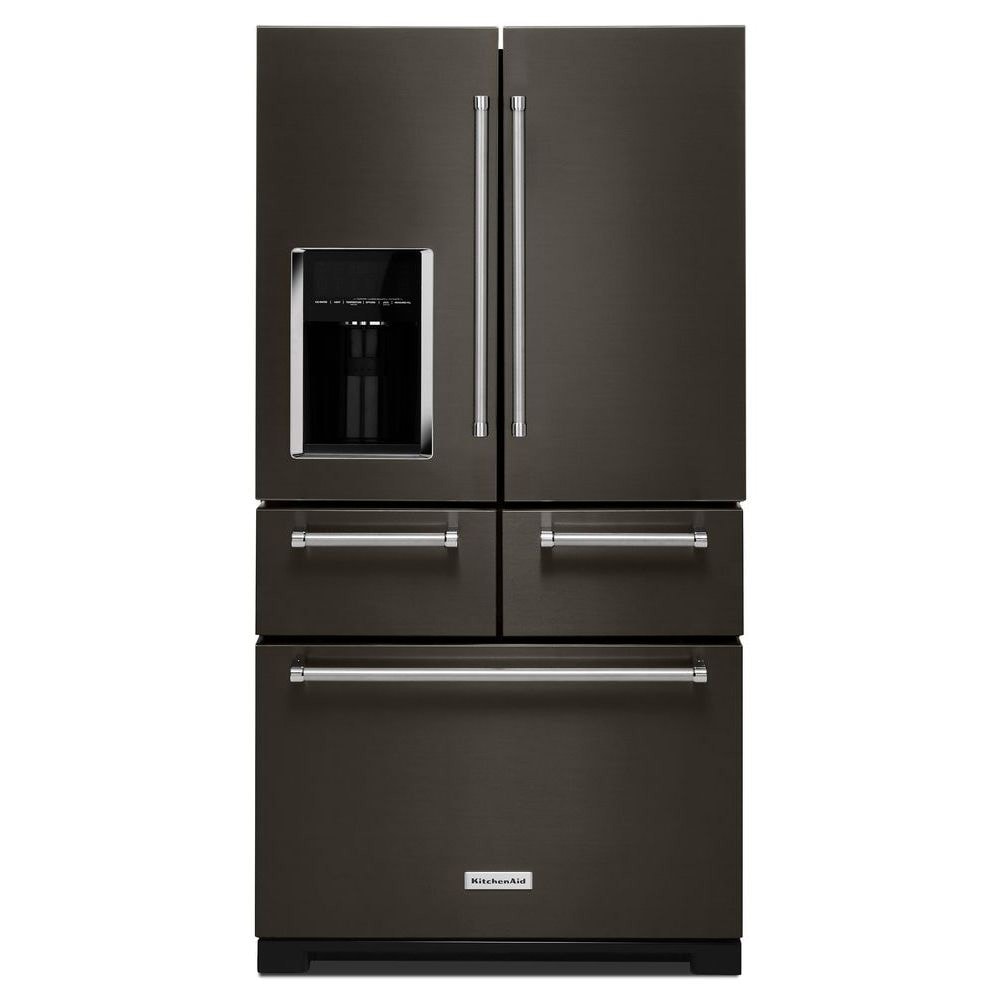 Refrigerador French Door de 5 puertas con dispensador de hielo y agua - Acero Inoxidable Negro con acabado PRINTSHIELD de 25.8 pies cúbicos de profundidad estándar de KitchenAid KRMF706EBS