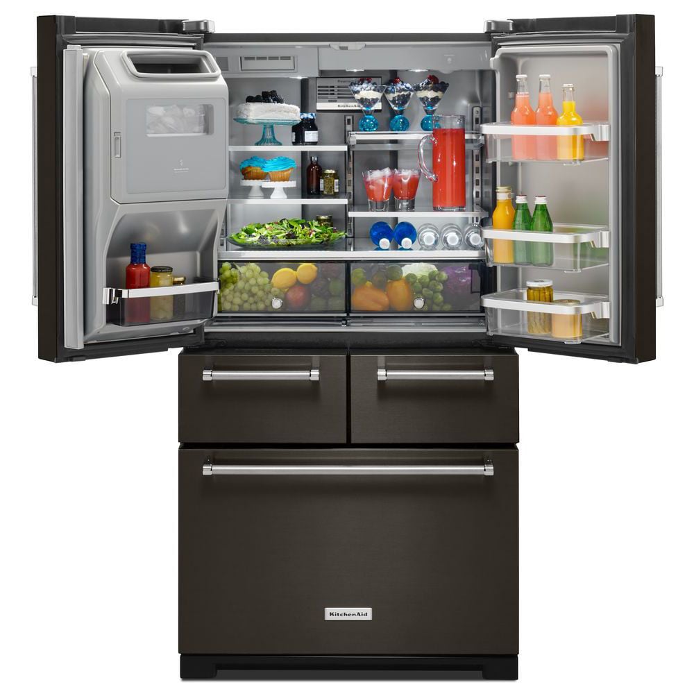 Refrigerador French Door de 5 puertas con dispensador de hielo y agua - Acero Inoxidable Negro con acabado PRINTSHIELD de 25.8 pies cúbicos de profundidad estándar de KitchenAid KRMF706EBS