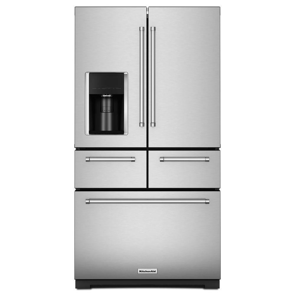 Refrigerador francés de 5 puertas con dispensador de hielo y agua (acero inoxidable) de profundidad estándar de 25.8 pies cúbicos de KitchenAid