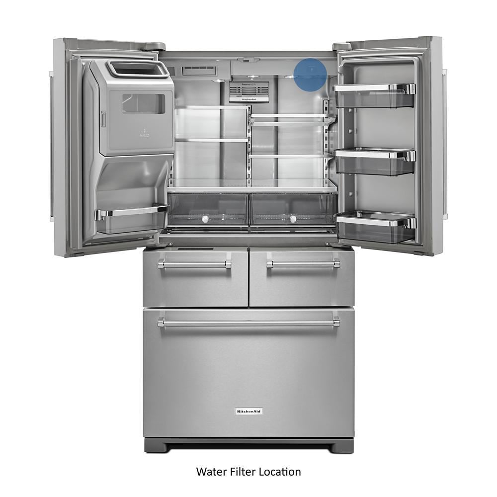 Refrigerador francés de 5 puertas con dispensador de hielo y agua (acero inoxidable) de profundidad estándar de 25.8 pies cúbicos de KitchenAid