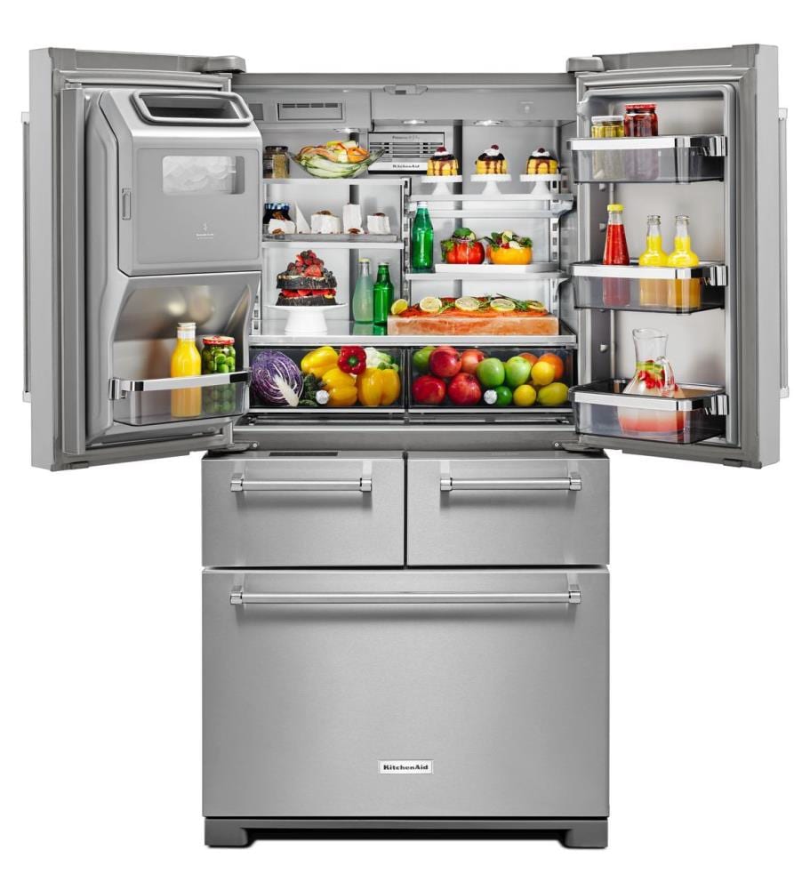Refrigerador francés de 5 puertas con dispensador de hielo y agua (acero inoxidable) de profundidad estándar de 25.8 pies cúbicos de KitchenAid