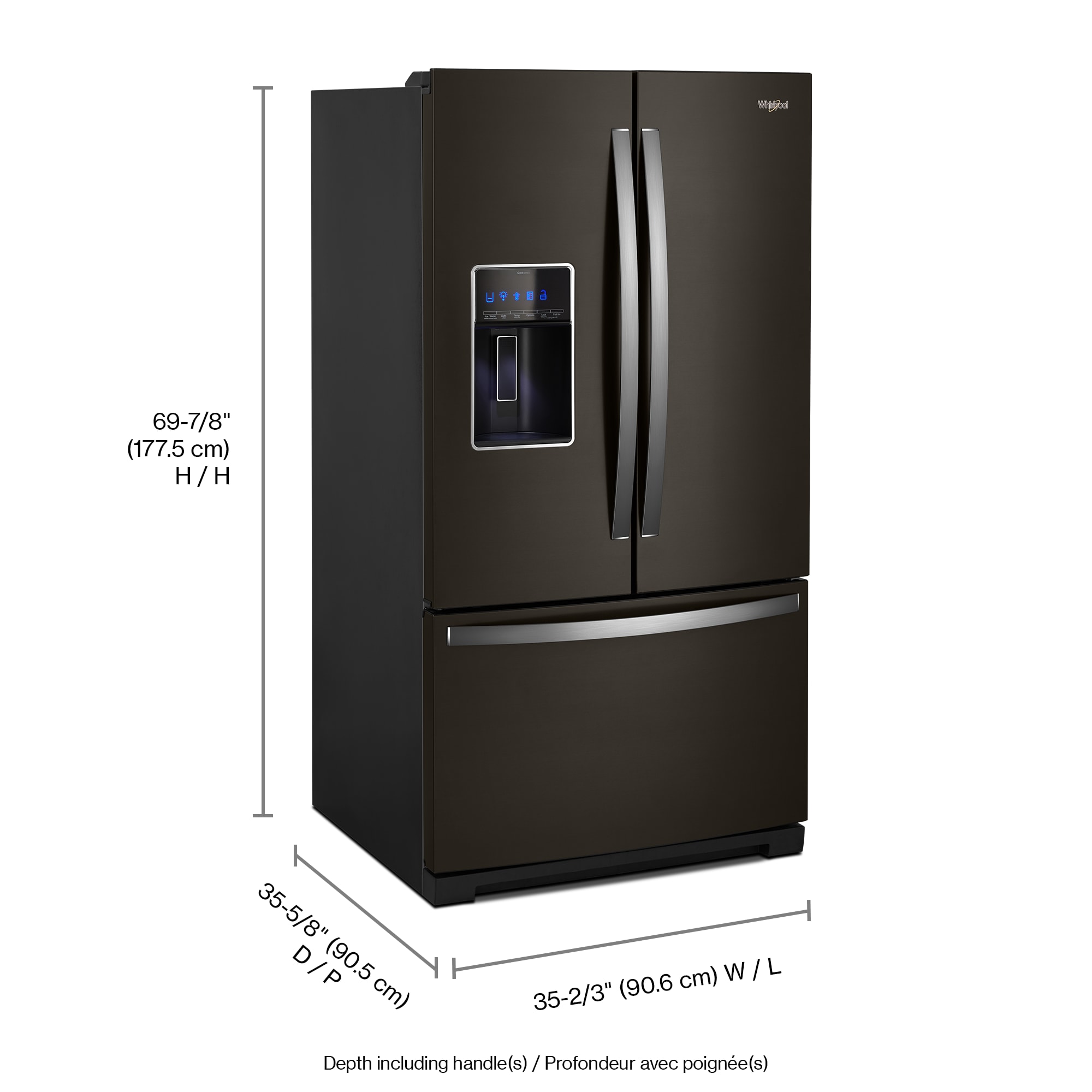 Refrigerador Francés de Puertas Dobles de 3 Puertas de 26.8 pies cúbicos de Profundidad Estándar con Fabricador de Hielo y Dispensador de Agua y Hielo (Acero Inoxidable Negro Resiste Huellas Dactilares) con Certificación ENERGY STAR WRF757SDHV