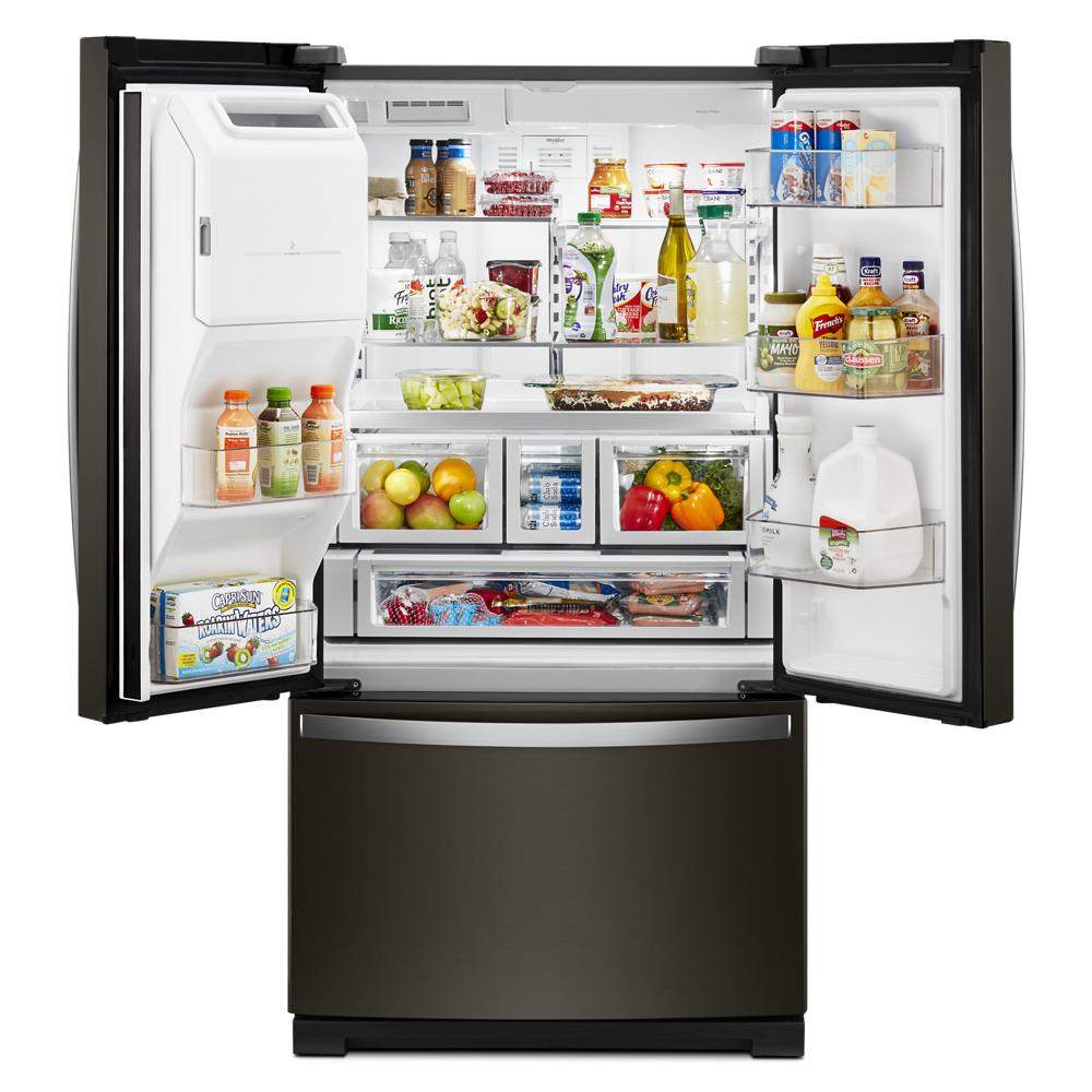 Refrigerador Francés de Puertas Dobles de 3 Puertas de 26.8 pies cúbicos de Profundidad Estándar con Fabricador de Hielo y Dispensador de Agua y Hielo (Acero Inoxidable Negro Resiste Huellas Dactilares) con Certificación ENERGY STAR WRF757SDHV
