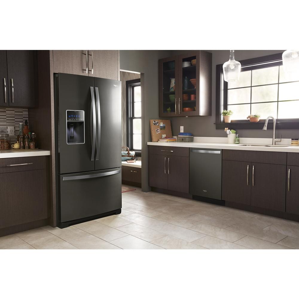 Refrigerador Francés de Puertas Dobles de 3 Puertas de 26.8 pies cúbicos de Profundidad Estándar con Fabricador de Hielo y Dispensador de Agua y Hielo (Acero Inoxidable Negro Resiste Huellas Dactilares) con Certificación ENERGY STAR WRF757SDHV