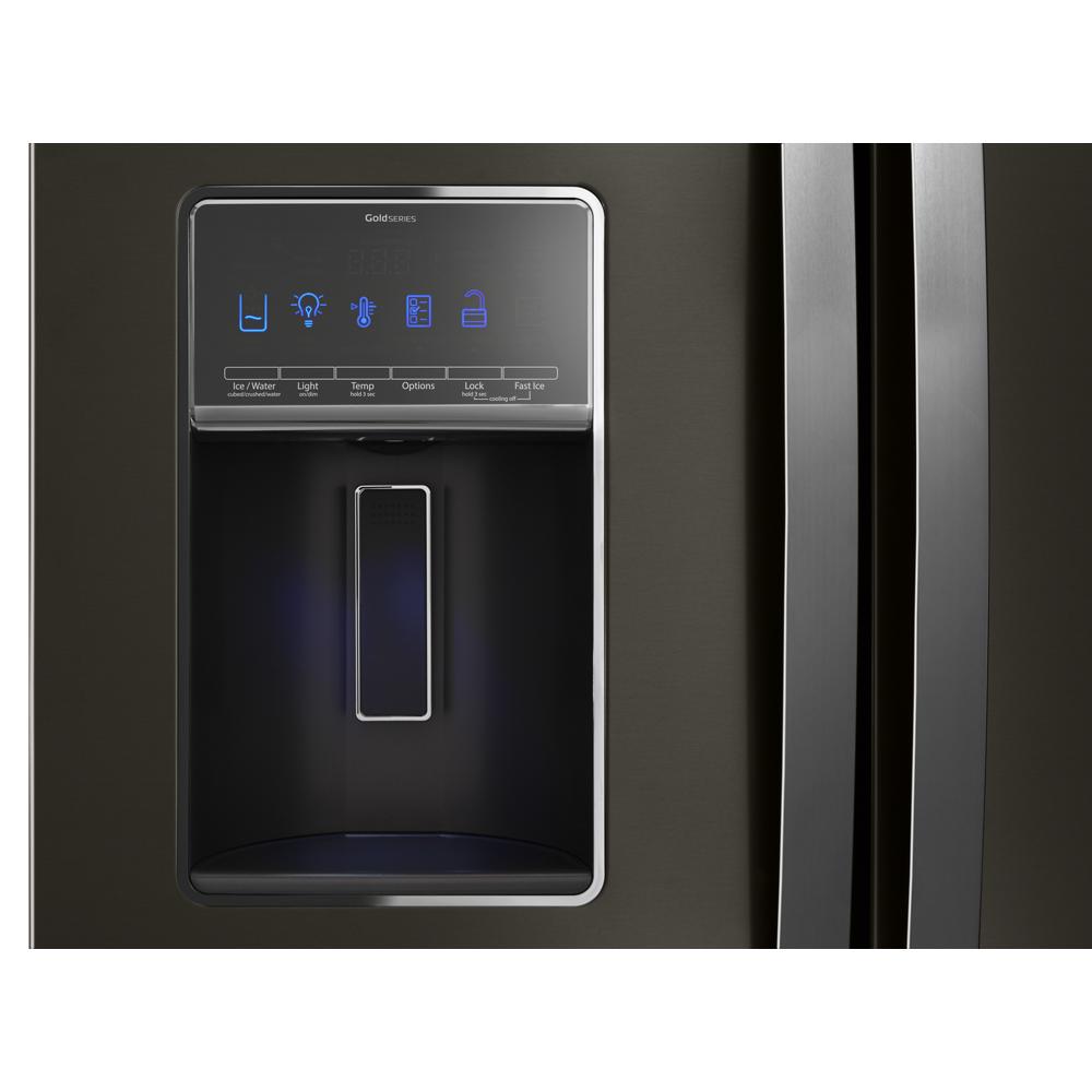 Refrigerador Francés de Puertas Dobles de 3 Puertas de 26.8 pies cúbicos de Profundidad Estándar con Fabricador de Hielo y Dispensador de Agua y Hielo (Acero Inoxidable Negro Resiste Huellas Dactilares) con Certificación ENERGY STAR WRF757SDHV