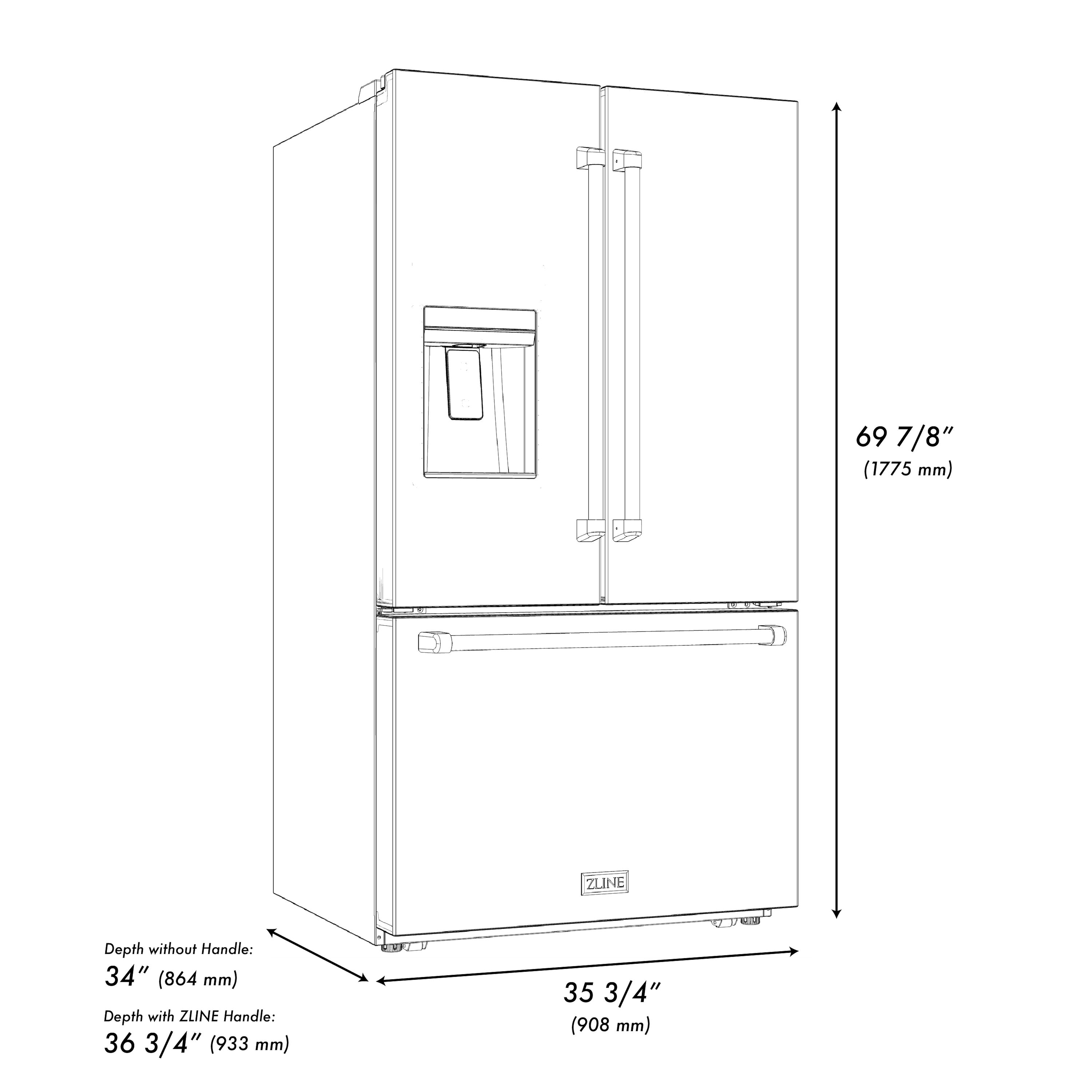 Refrigerador francés de 3 puertas estándar de 28.9 pies cúbicos con fabricador de hielo y dispensador de agua y hielo - Acero inoxidable negro con manija de bronce champán, certificado ENERGY STAR