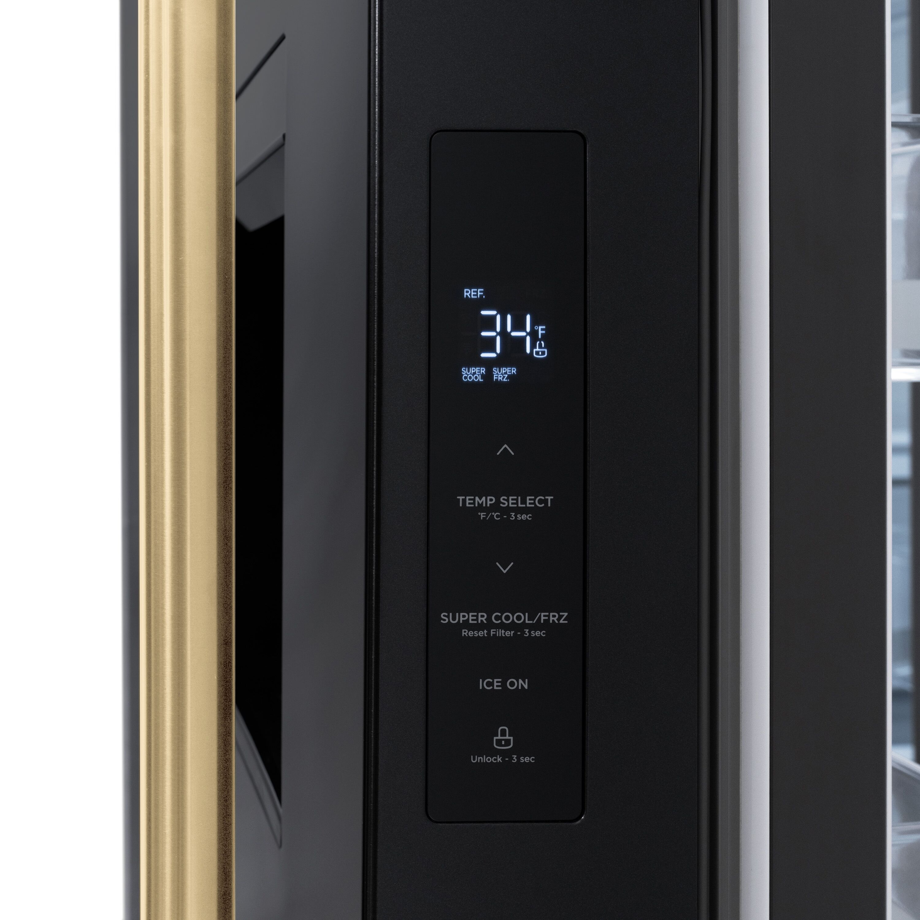 Refrigerador francés de 3 puertas estándar de 28.9 pies cúbicos con fabricador de hielo y dispensador de agua y hielo - Acero inoxidable negro con manija de bronce champán, certificado ENERGY STAR