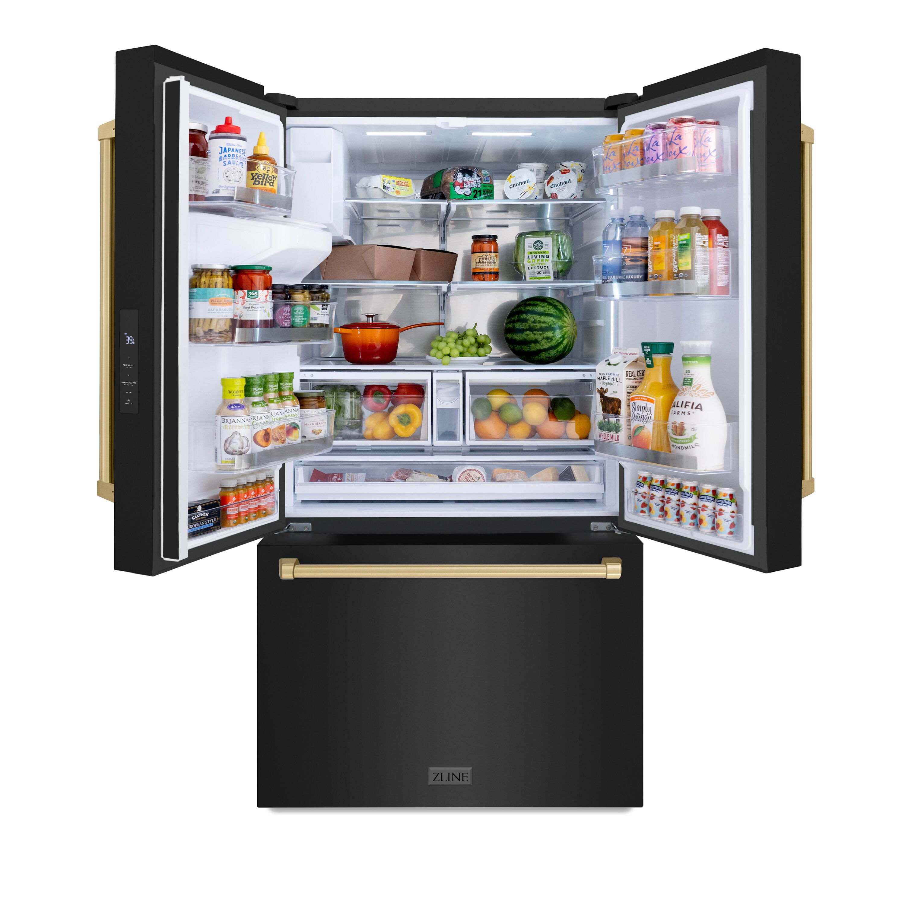 Refrigerador francés de 3 puertas estándar de 28.9 pies cúbicos con fabricador de hielo y dispensador de agua y hielo - Acero inoxidable negro con manija de bronce champán, certificado ENERGY STAR