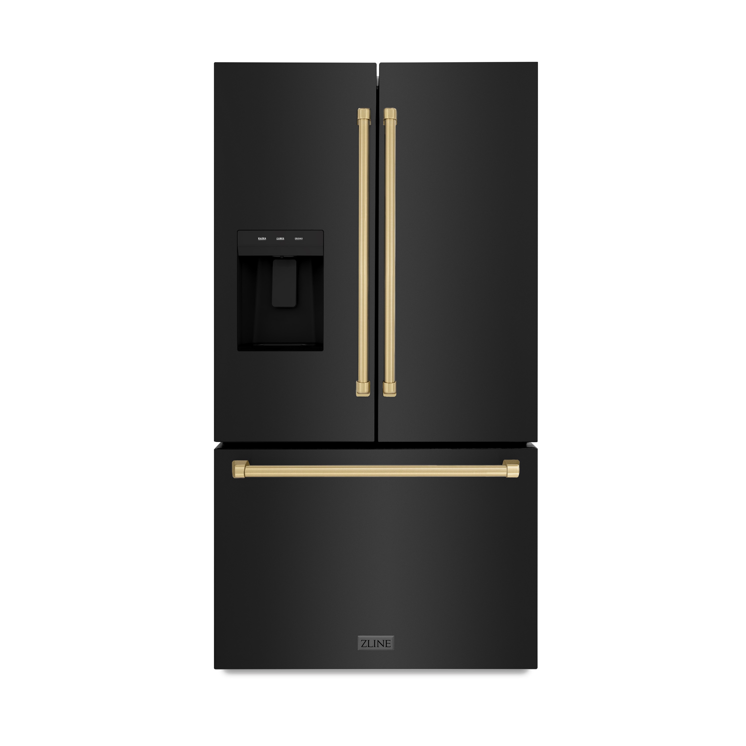 Refrigerador francés de 3 puertas estándar de 28.9 pies cúbicos con fabricador de hielo y dispensador de agua y hielo - Acero inoxidable negro con manija de bronce champán, certificado ENERGY STAR